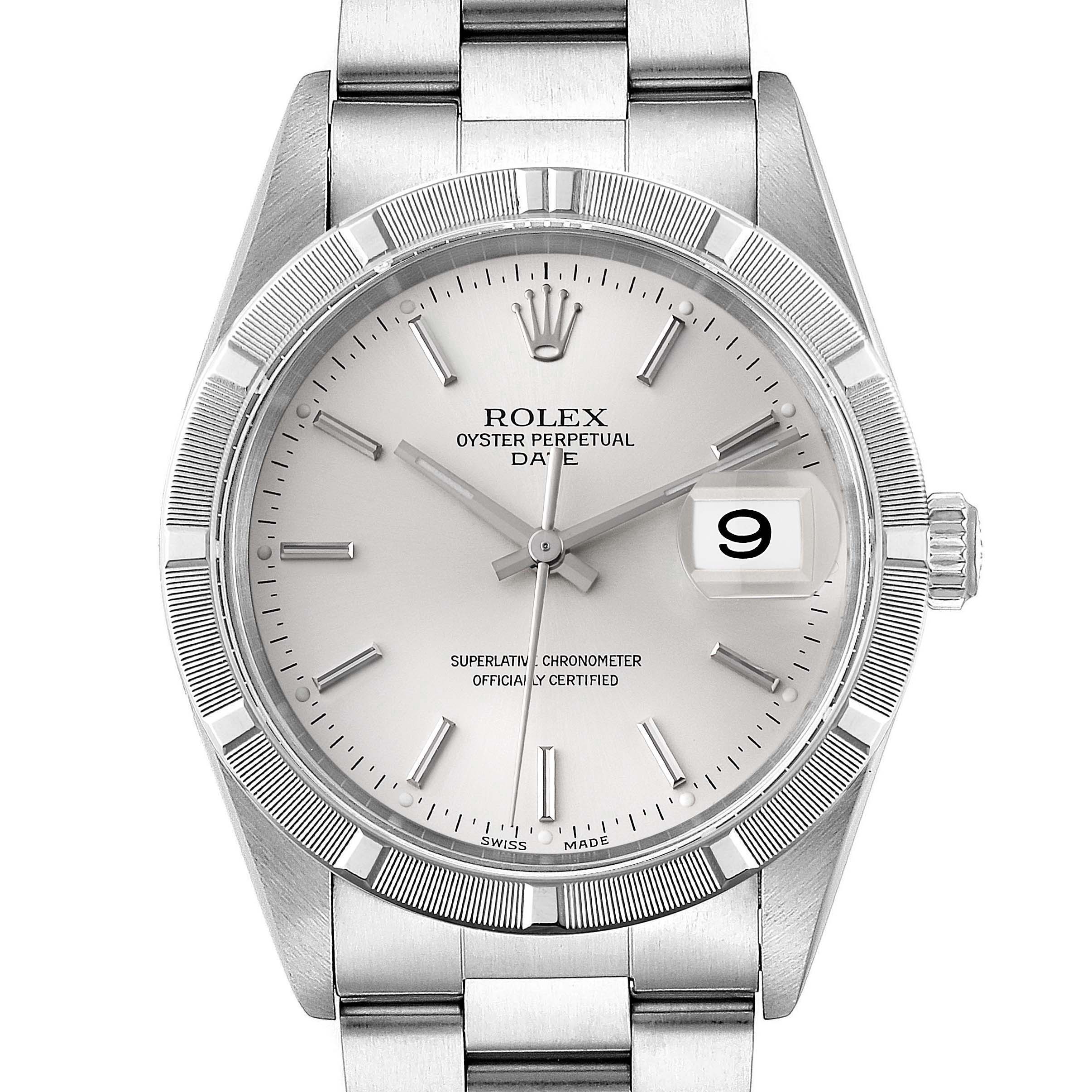 This image shows a front view of the Rolex Date 15210 Men's Stainless Steel Silver Dial 15210 Men's Stainless Steel Silver Dial watch, highlighting its dial, hands, bezel, bracelet, and date window.