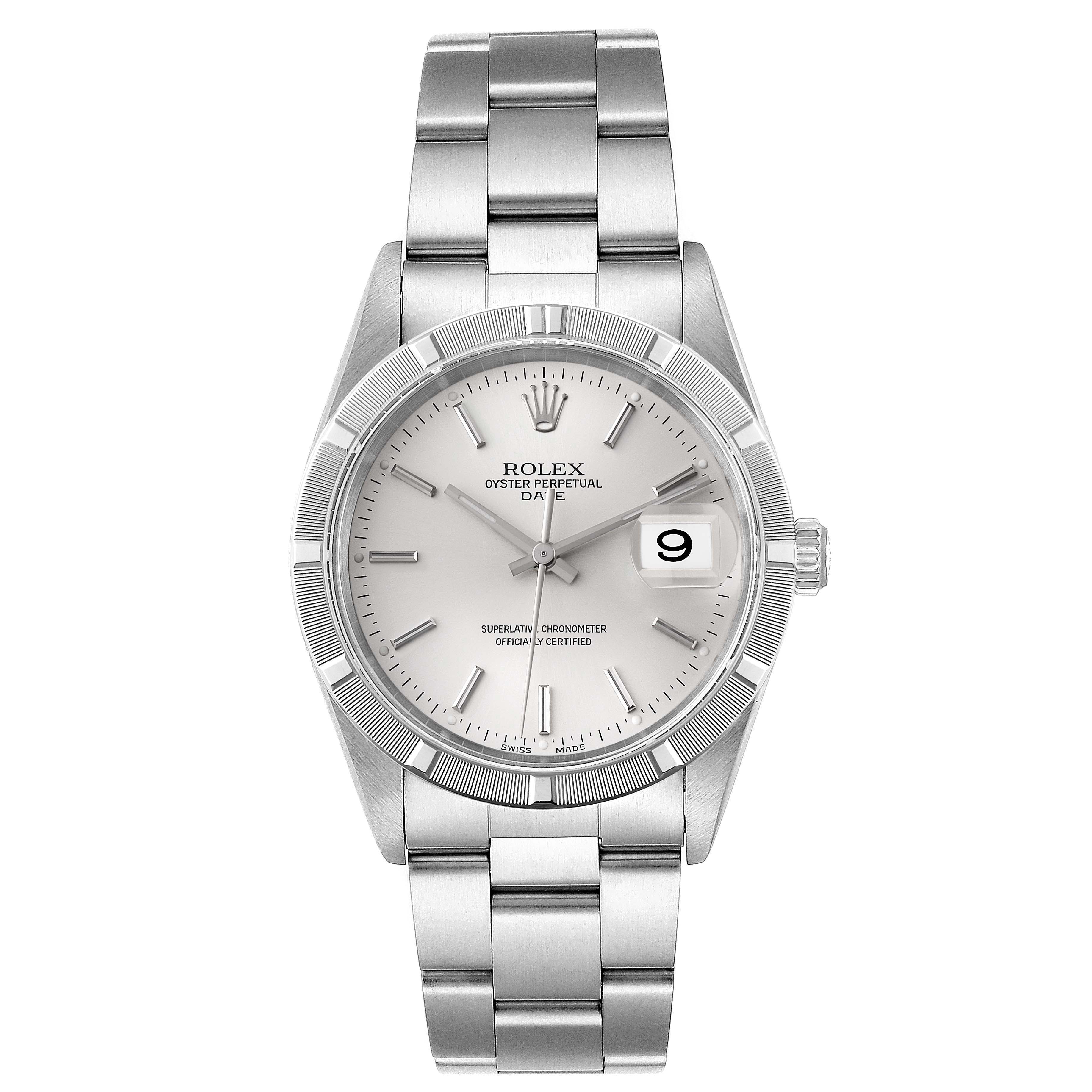 This image shows a Rolex Date 15210 Men's Stainless Steel Silver Dial 15210 Men's Stainless Steel Silver Dial model watch from a front angle, highlighting its dial, bezel, crown, and bracelet.