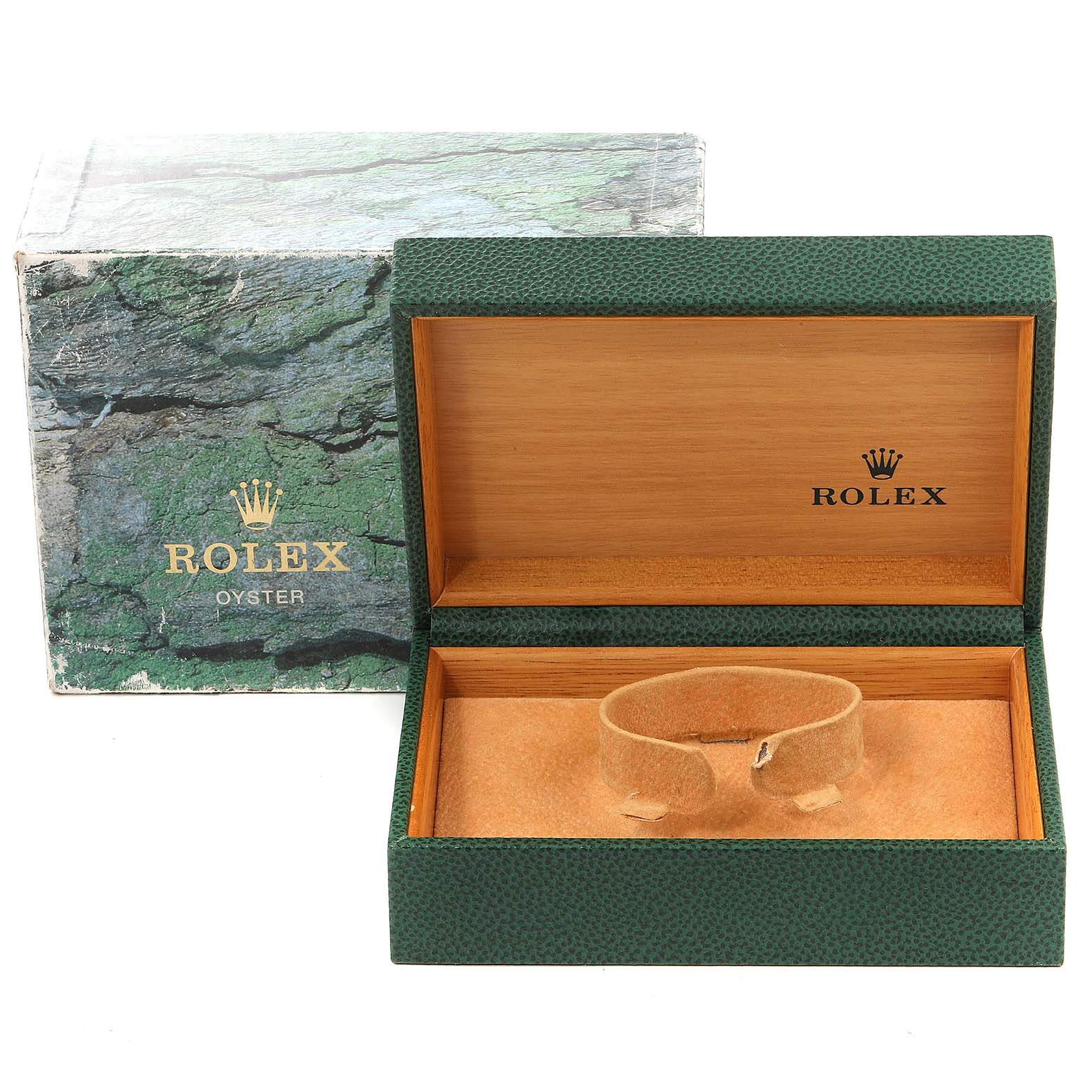 This image shows an opened Rolex box for the Date model, with the outer box in the background.
