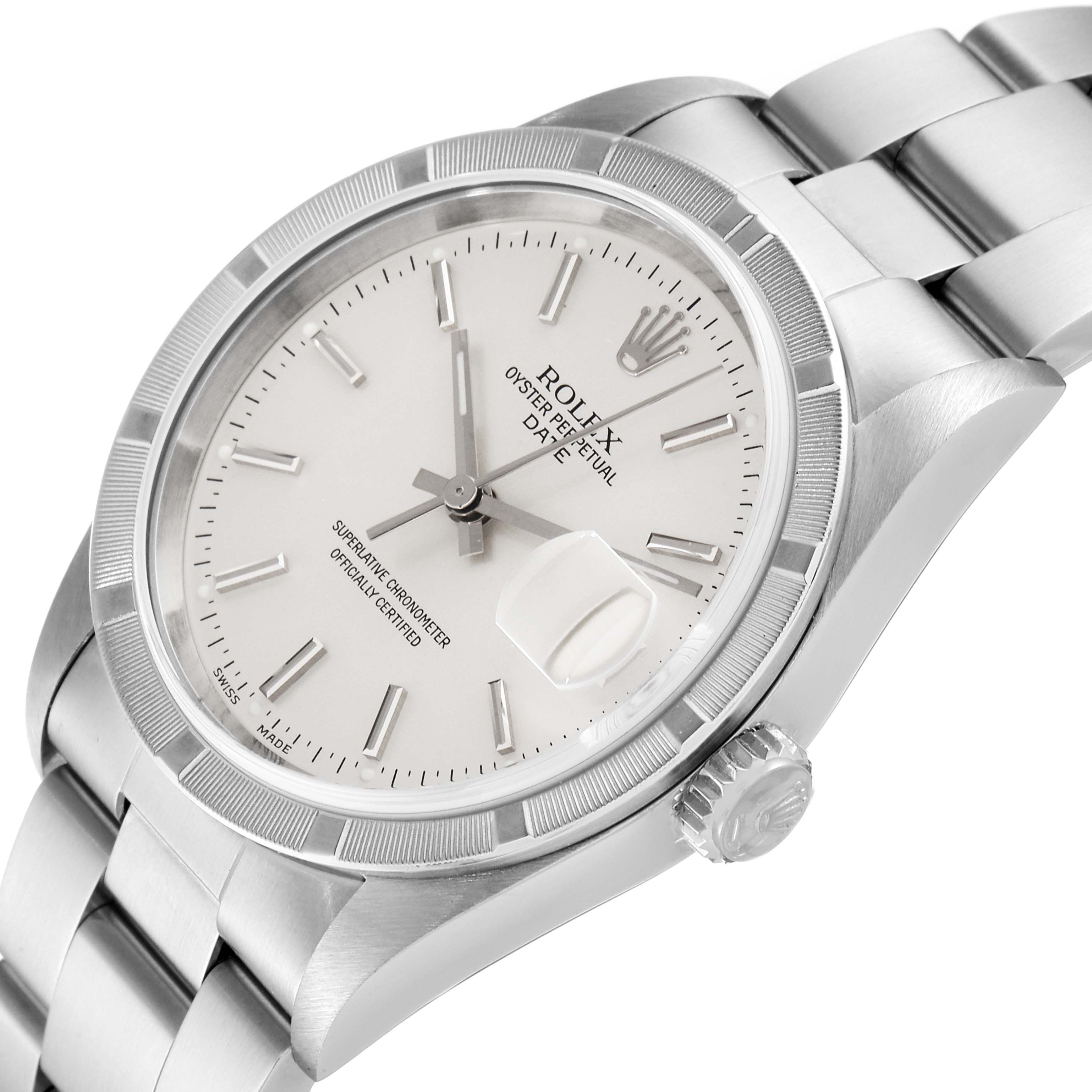 The image displays a close-up angle of the face, bezel, and part of the bracelet of a Rolex Date 15210 Men's Stainless Steel Silver Dial 15210 Men's Stainless Steel Silver Dial model watch.