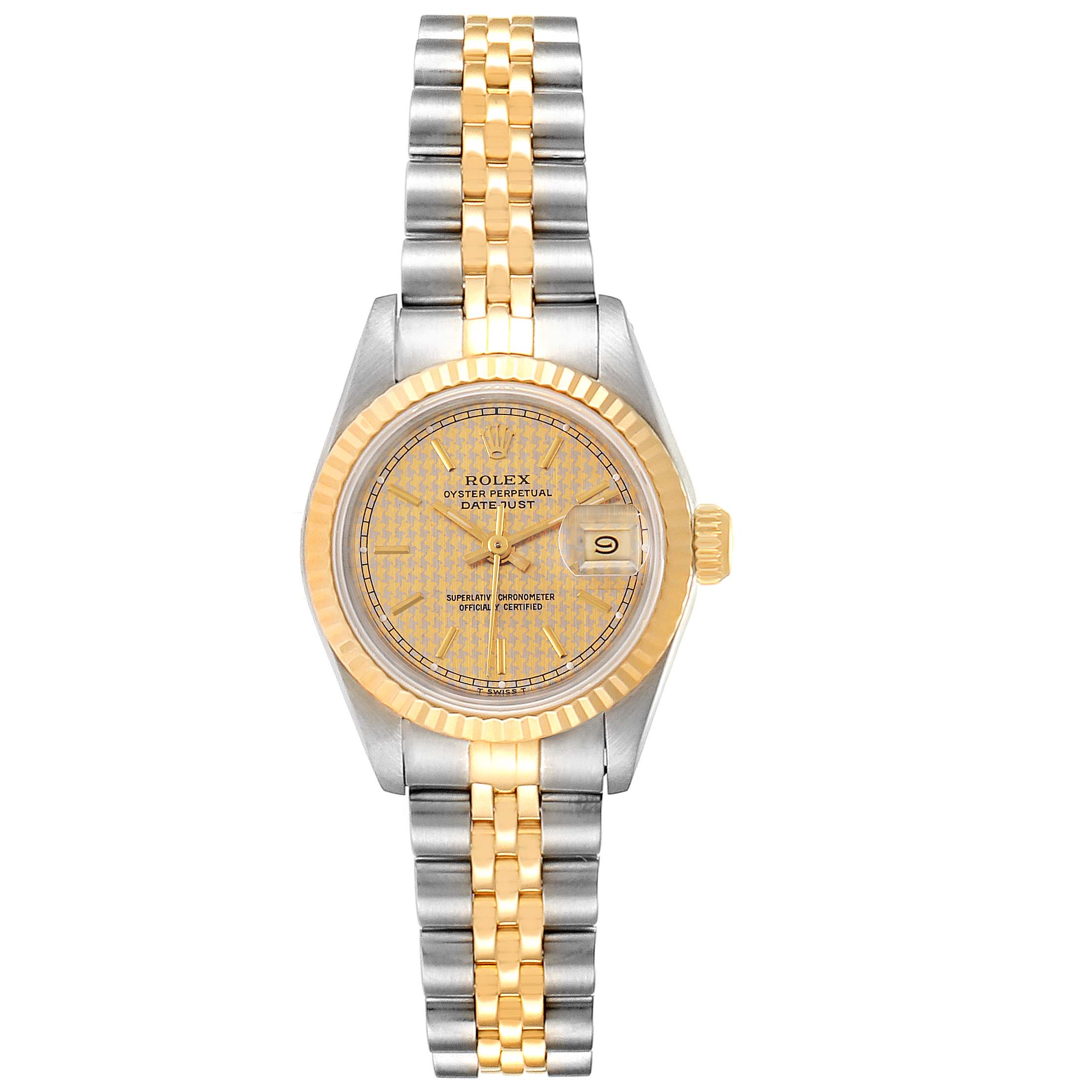This image shows a full frontal view of a Rolex Datejust 69173  Women's Stainless Steel Champagne Dial 69173  Women's Stainless Steel Champagne Dial watch with a two-tone bracelet and a patterned dial.