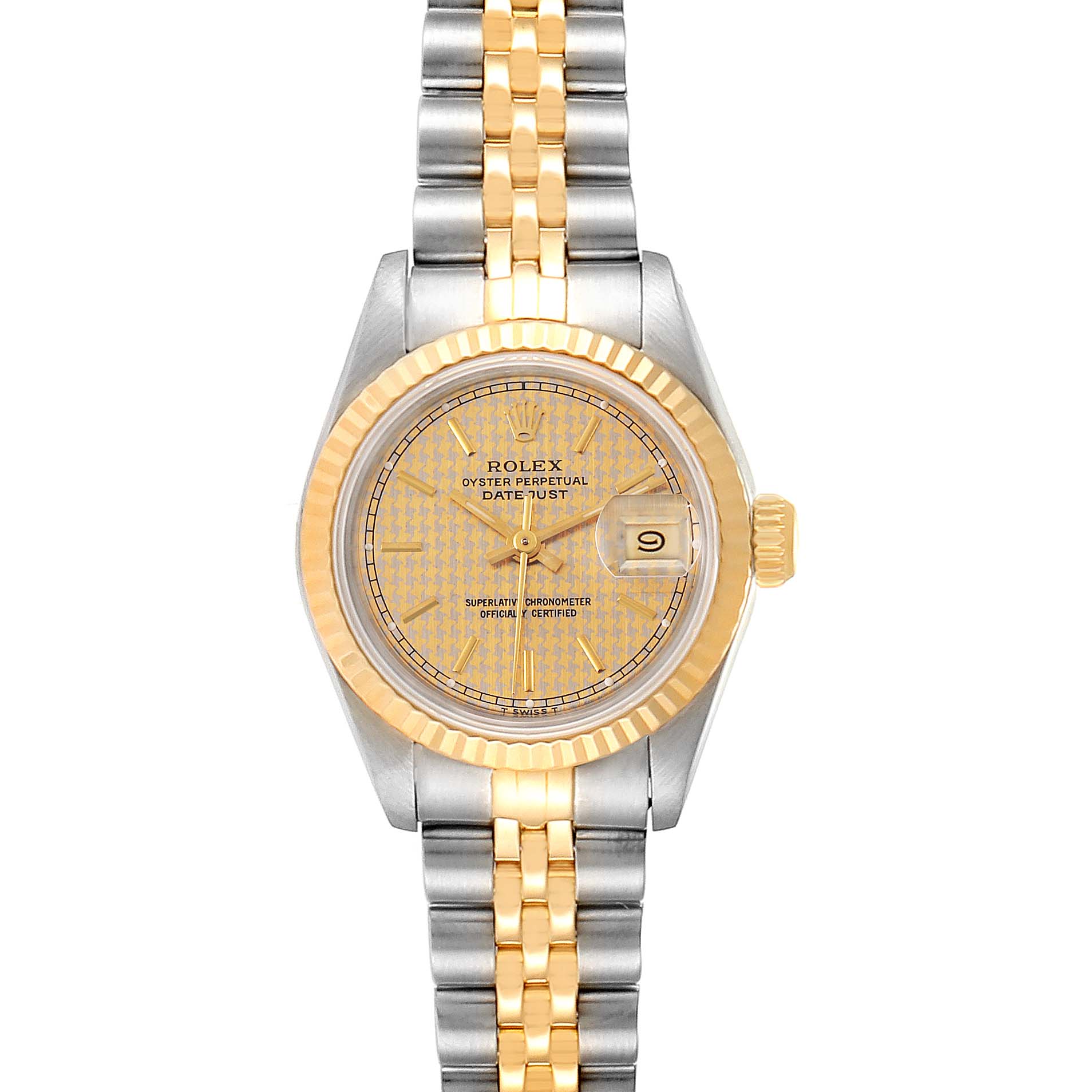 This image shows a front view of a Rolex Datejust 69173  Women's Stainless Steel Champagne Dial 69173  Women's Stainless Steel Champagne Dial watch featuring a two-tone gold and silver bracelet and a fluted yellow gold bezel.