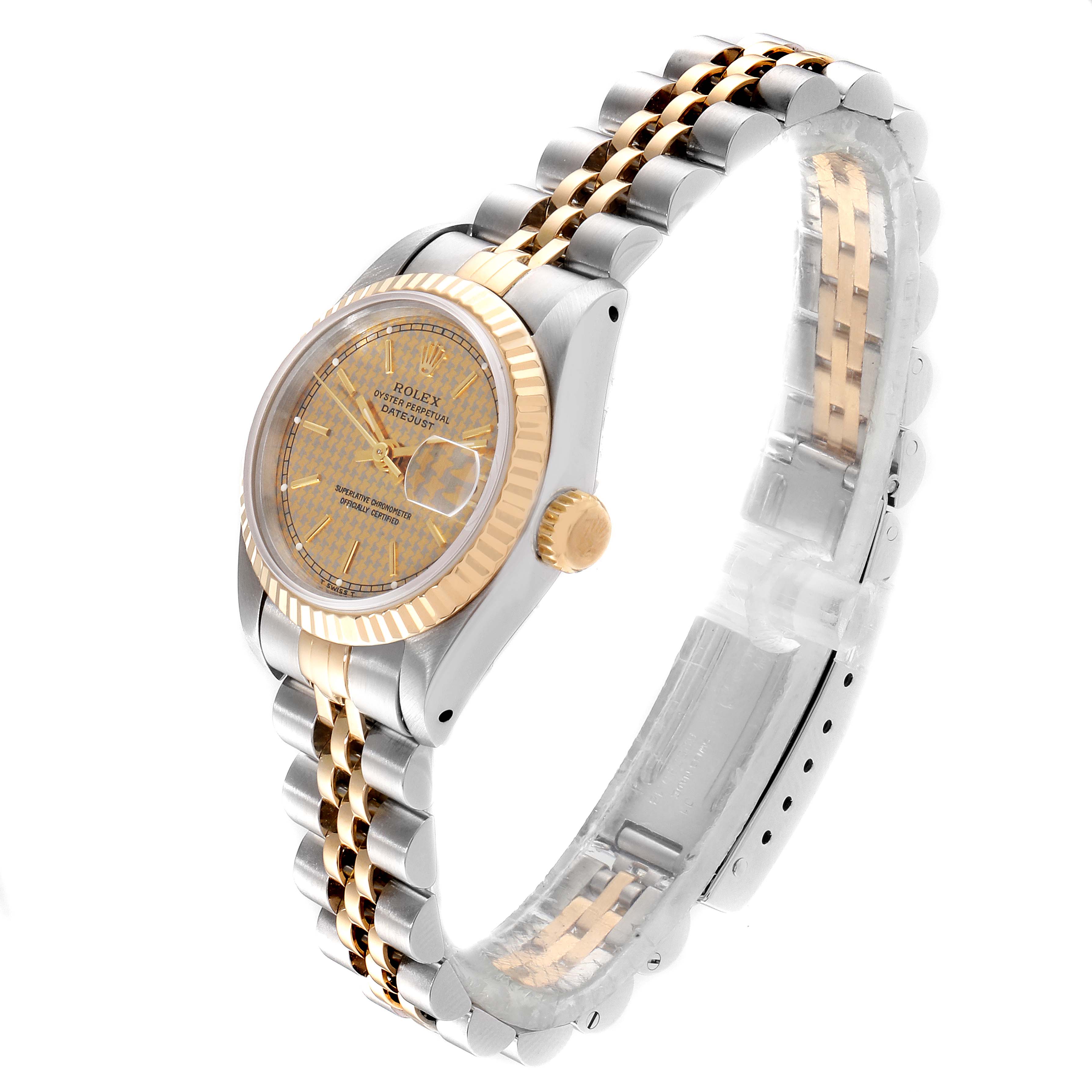 This Rolex Datejust 69173  Women's Stainless Steel Champagne Dial 69173  Women's Stainless Steel Champagne Dial watch is shown from a side angle, displaying its face, bezel, crown, and jubilee bracelet.