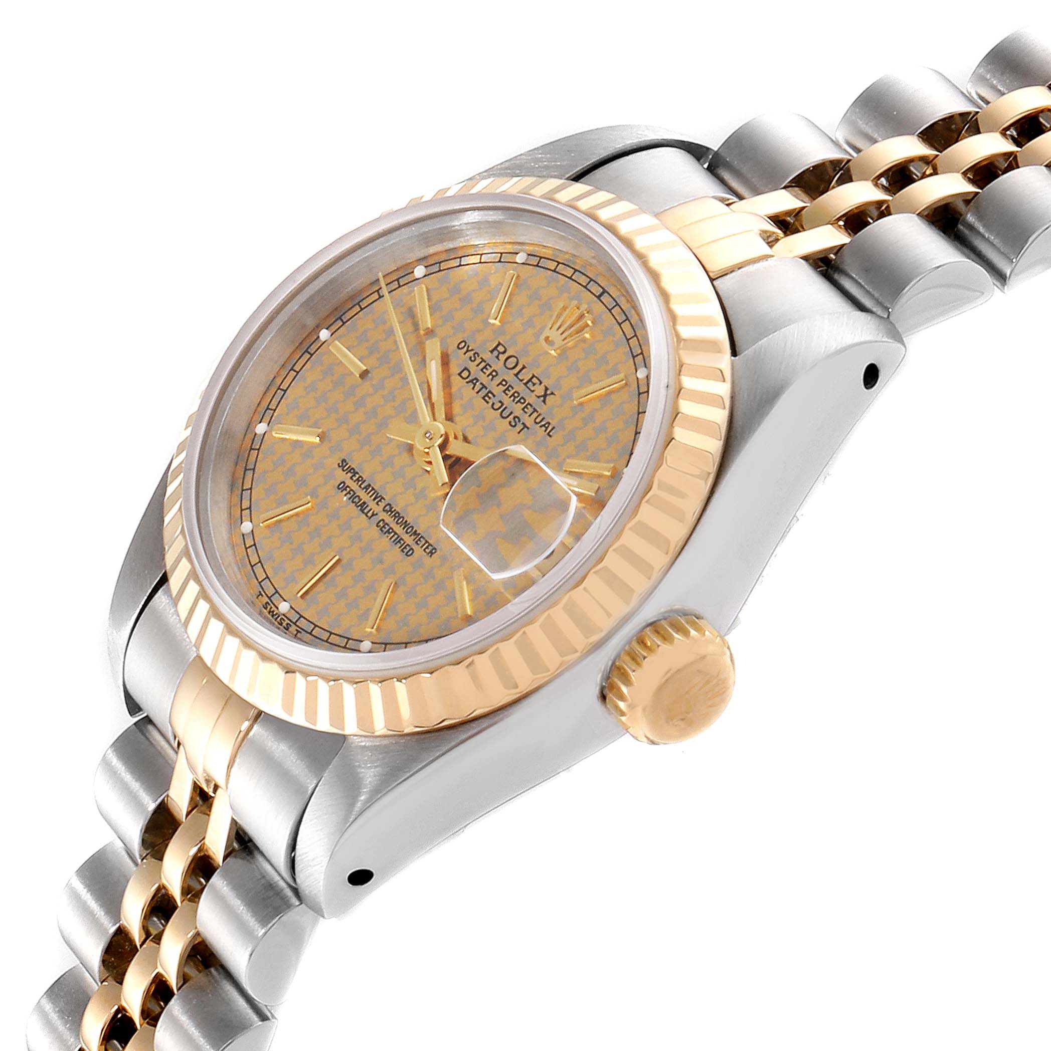 This image shows a Rolex Datejust 69173  Women's Stainless Steel Champagne Dial 69173  Women's Stainless Steel Champagne Dial watch angled to display the face, bezel, crown, and part of the bracelet.