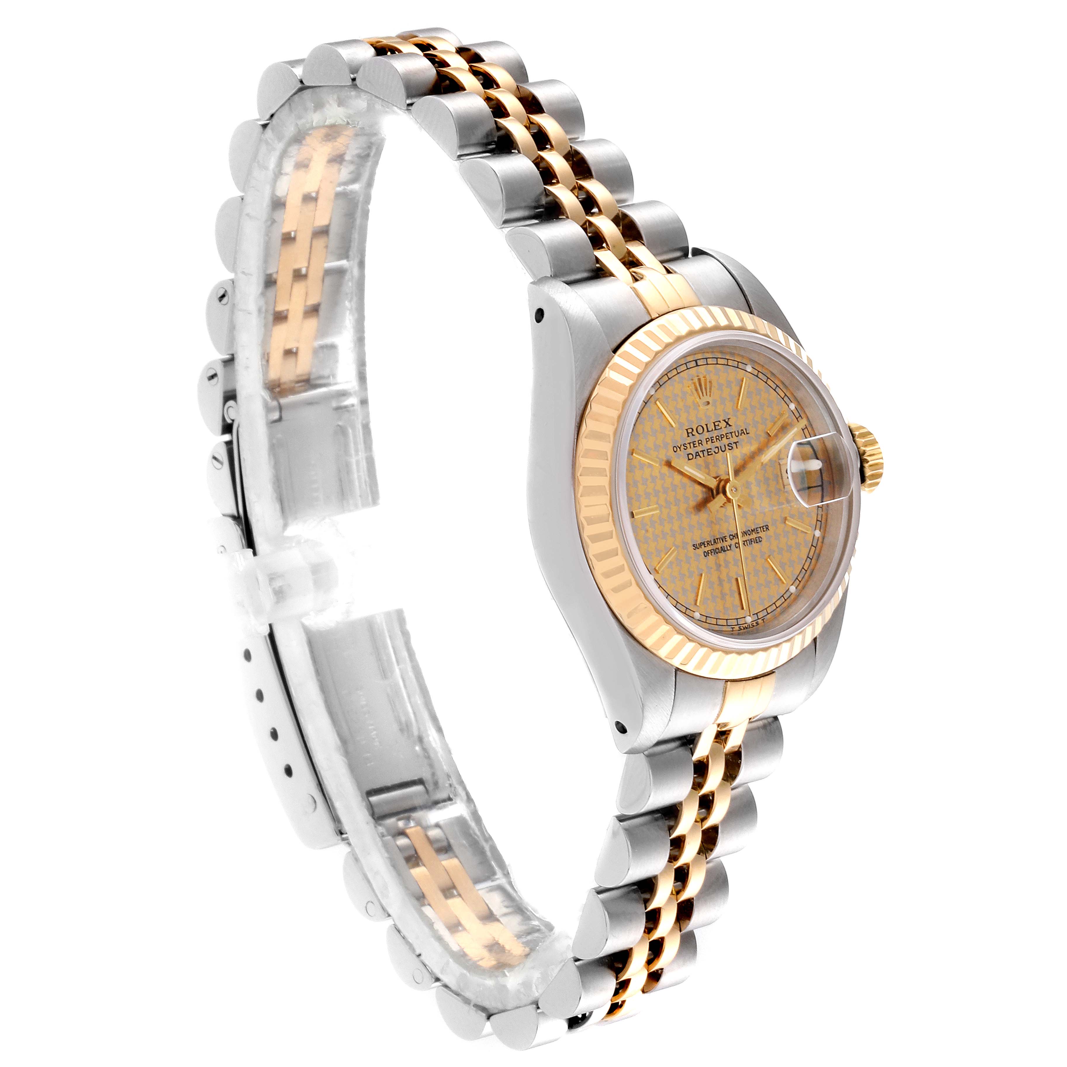 The Rolex Datejust 69173  Women's Stainless Steel Champagne Dial 69173  Women's Stainless Steel Champagne Dial watch is shown at a slight angle, displaying the face, bezel, and bracelet.