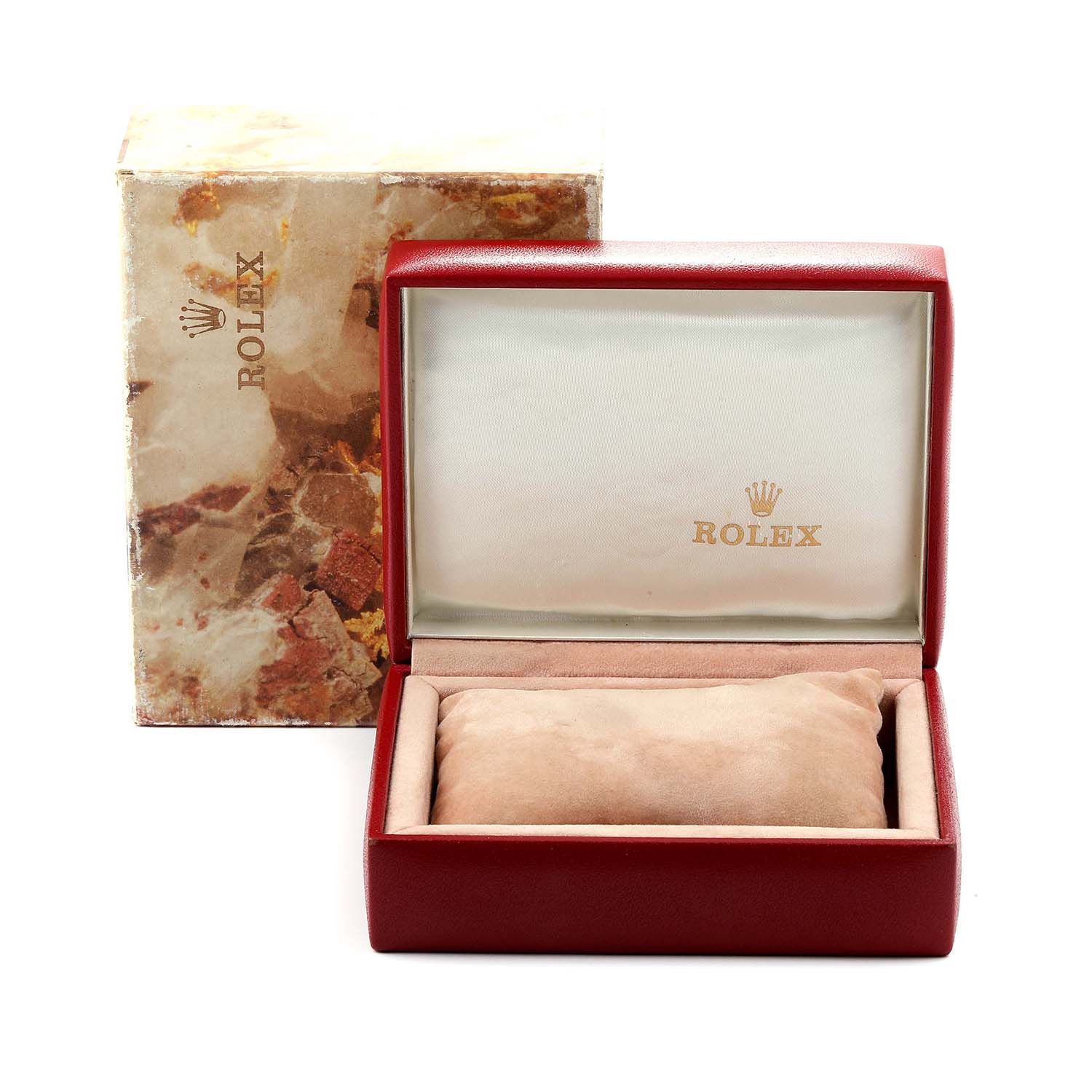 The image shows an open red Rolex watch box and its outer box, meant for a Datejust model by Rolex.