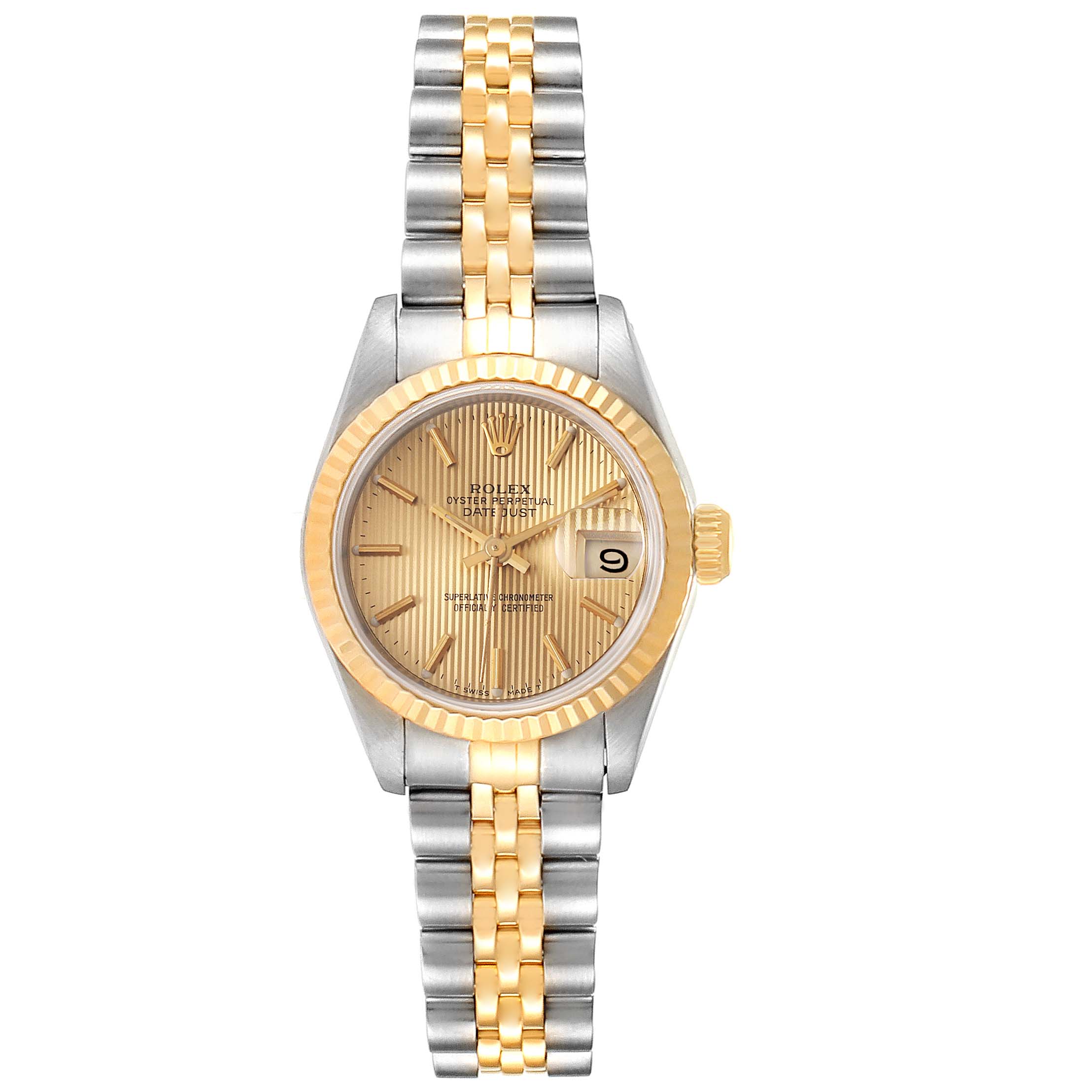 This image shows a front view of a Rolex Datejust 69173 Women's Stainless Steel Champagne Dial 69173 Women's Stainless Steel Champagne Dial watch, highlighting the bracelet, bezel, dial, and crown.