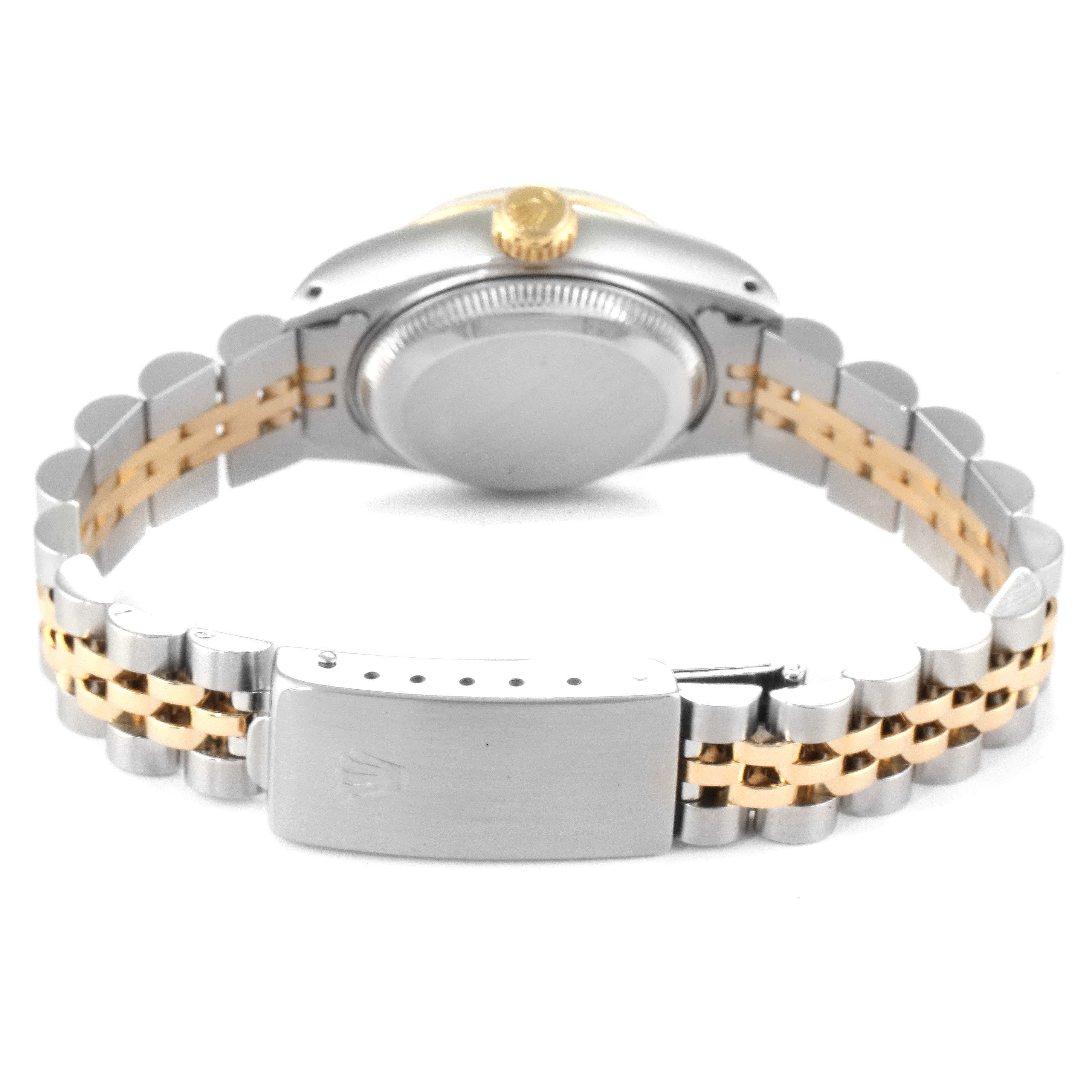 This image shows the back view of a Rolex Datejust 69173 Women's Stainless Steel Champagne Dial 69173 Women's Stainless Steel Champagne Dial watch, highlighting the clasp and two-tone bracelet.