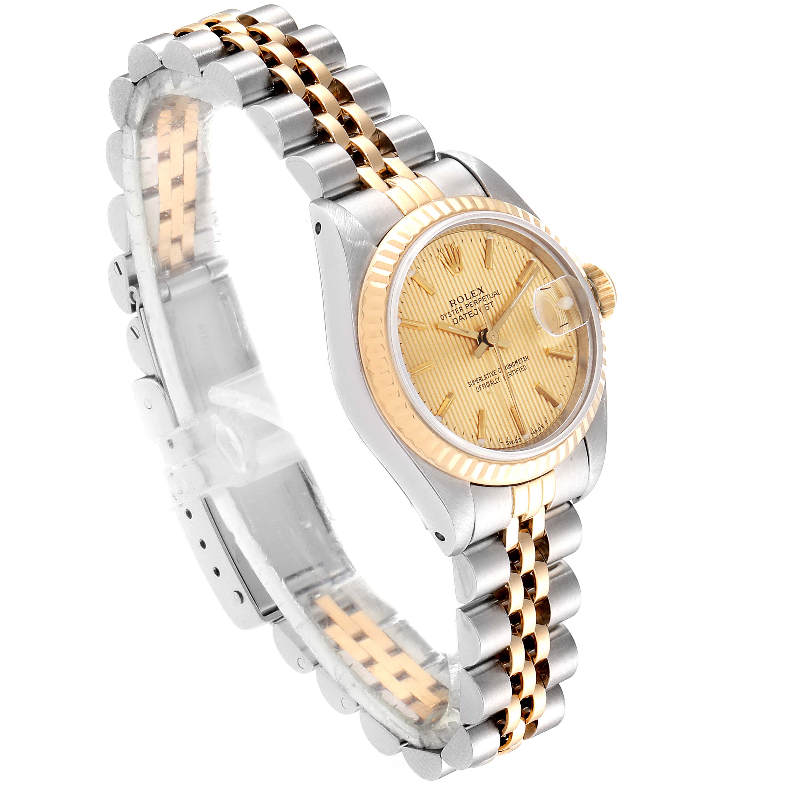 The image shows a side angle of the Rolex Datejust 69173 Women's Stainless Steel Champagne Dial 69173 Women's Stainless Steel Champagne Dial watch, highlighting the gold bezel, crown, and two-tone bracelet.