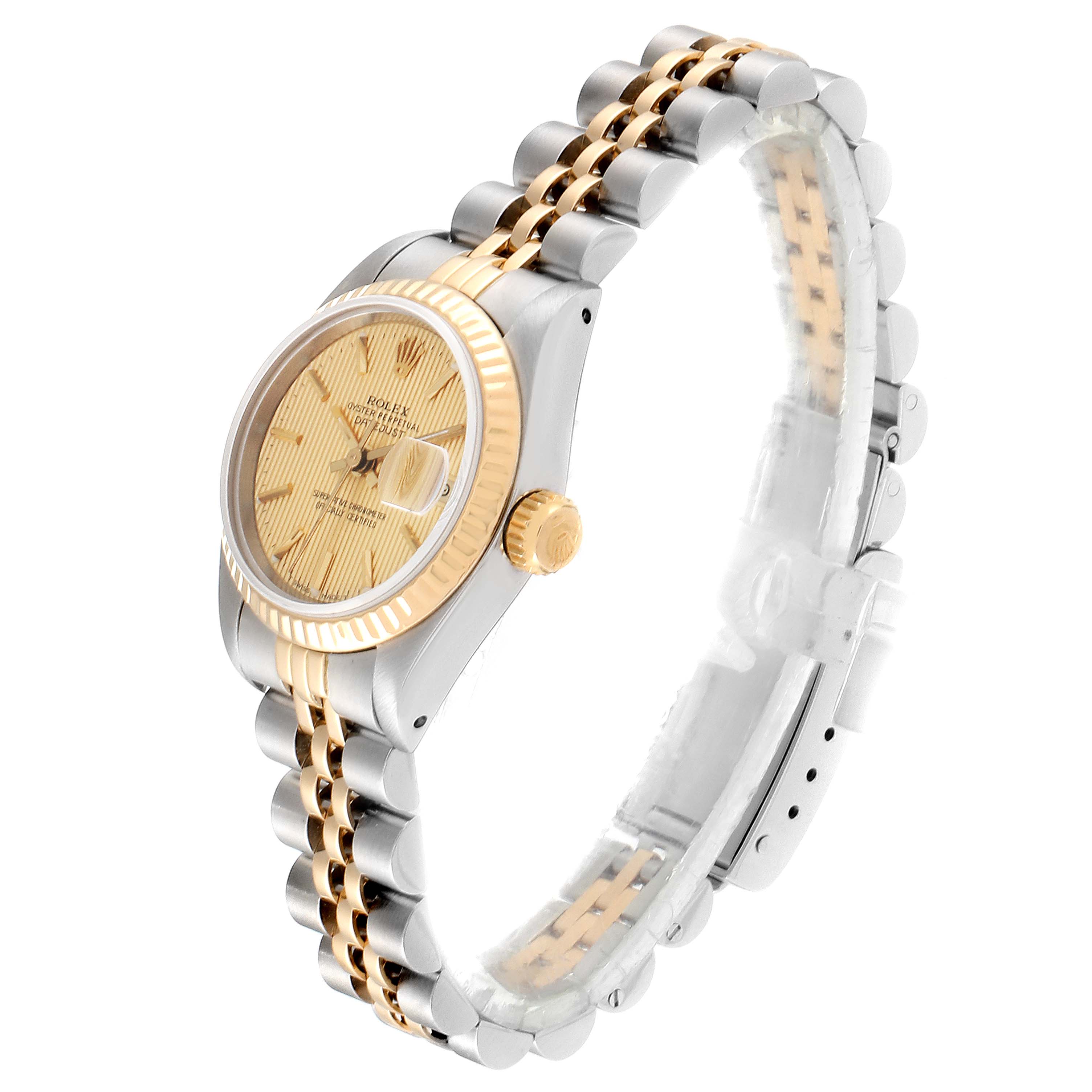The Rolex Datejust 69173 Women's Stainless Steel Champagne Dial 69173 Women's Stainless Steel Champagne Dial watch is shown from an angled side view, highlighting the dial, crown, and two-tone bracelet.