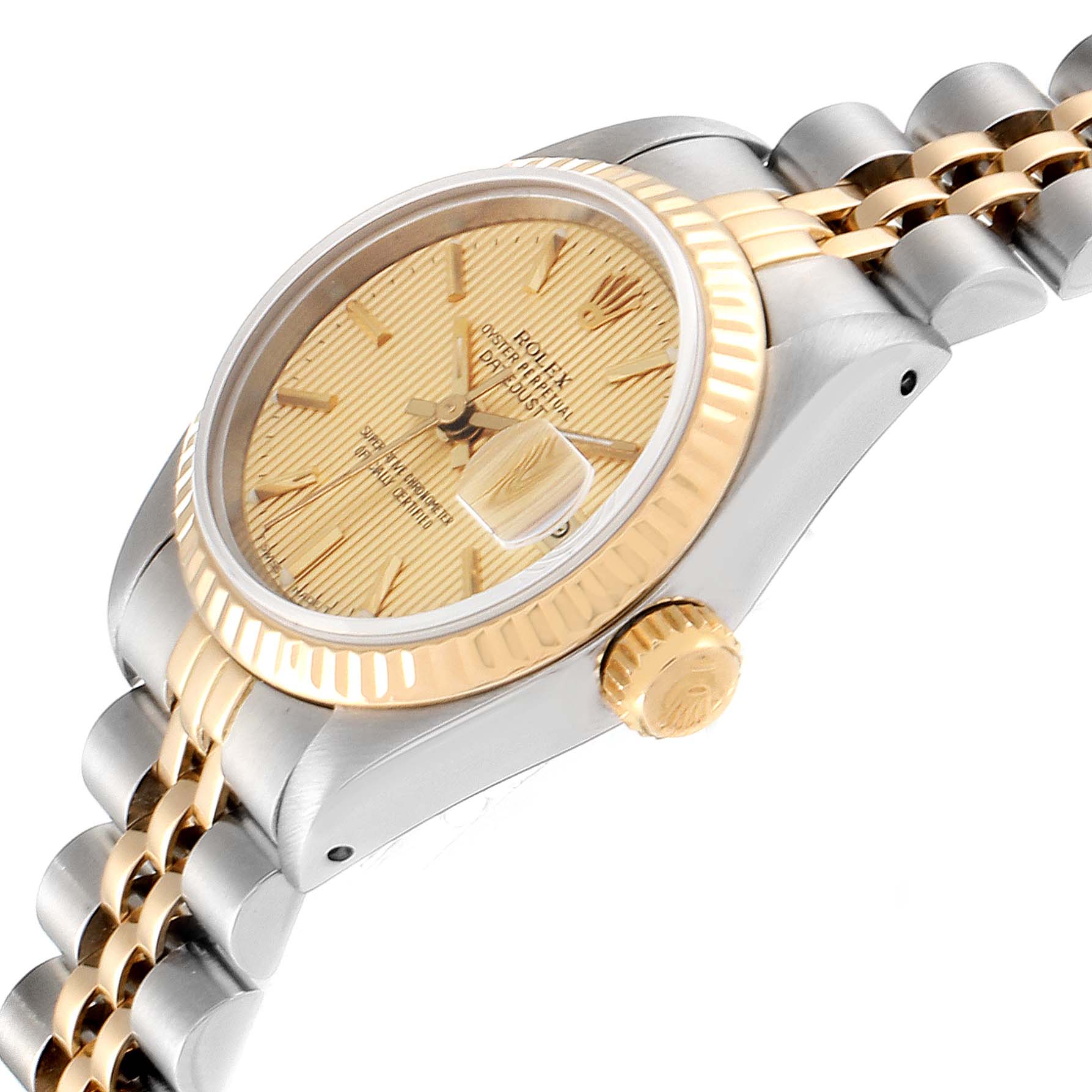 The image shows a Rolex Datejust 69173 Women's Stainless Steel Champagne Dial 69173 Women's Stainless Steel Champagne Dial watch angled from the side, highlighting the crown, case, and part of the bracelet.