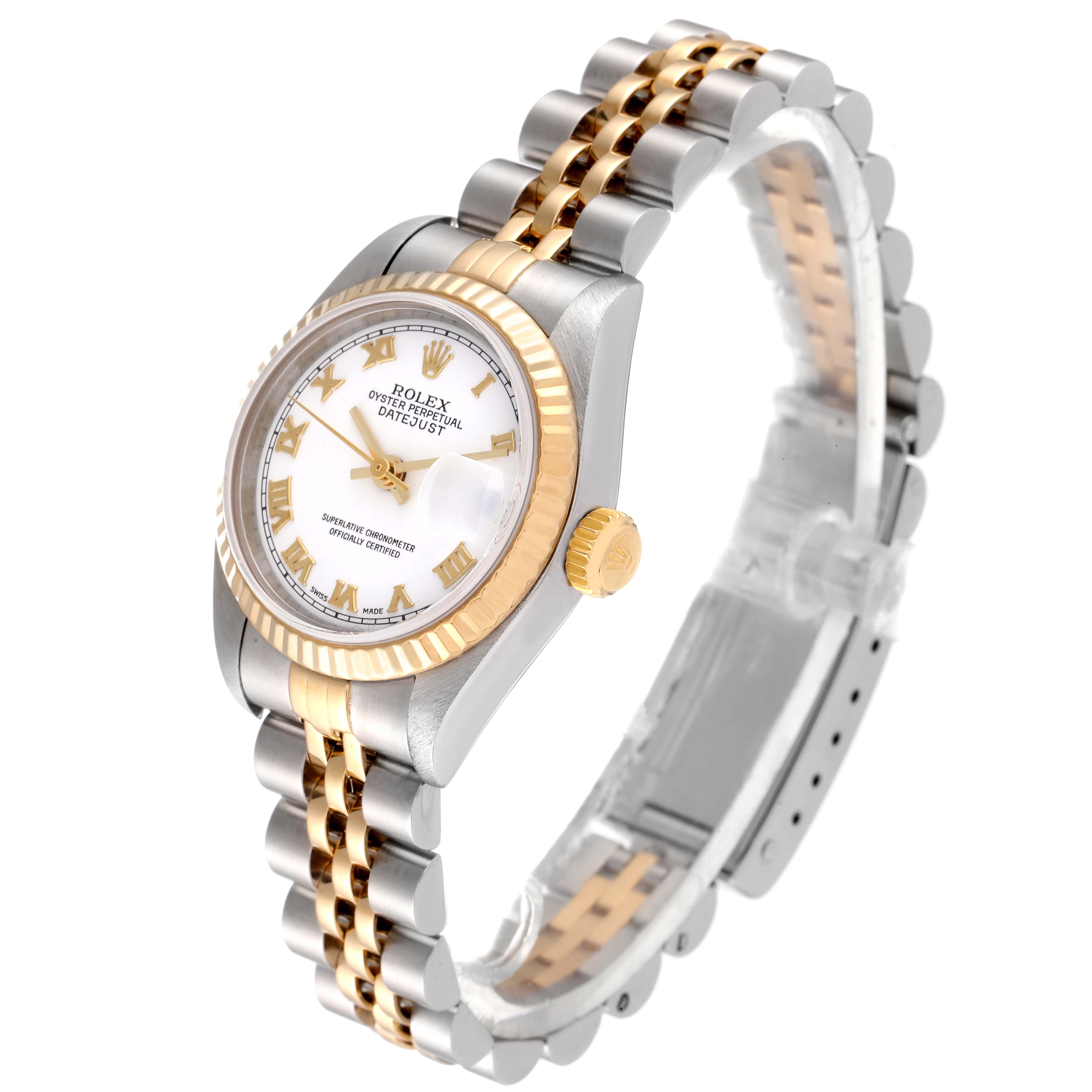 The Rolex Datejust 79173 Women's Steel and Gold (two tone) White Dial 79173 Women's Steel and Gold (two tone) White Dial watch is shown at a three-quarter angle, highlighting its face, bezel, and two-tone bracelet.