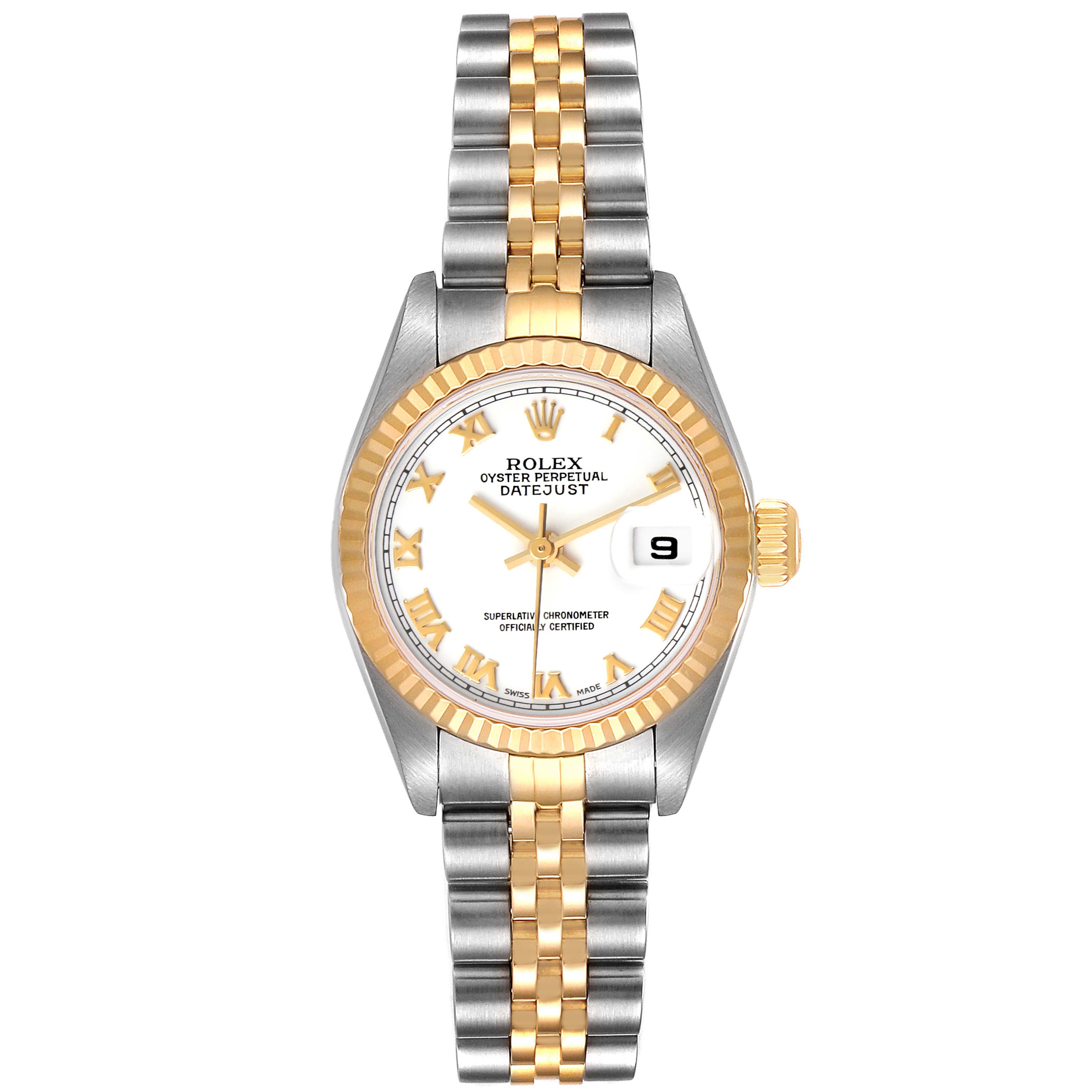 The image shows a Rolex Datejust 79173 Women's Steel and Gold (two tone) White Dial 79173 Women's Steel and Gold (two tone) White Dial model watch from a top-down view, highlighting the dial, bezel, and bracelet.
