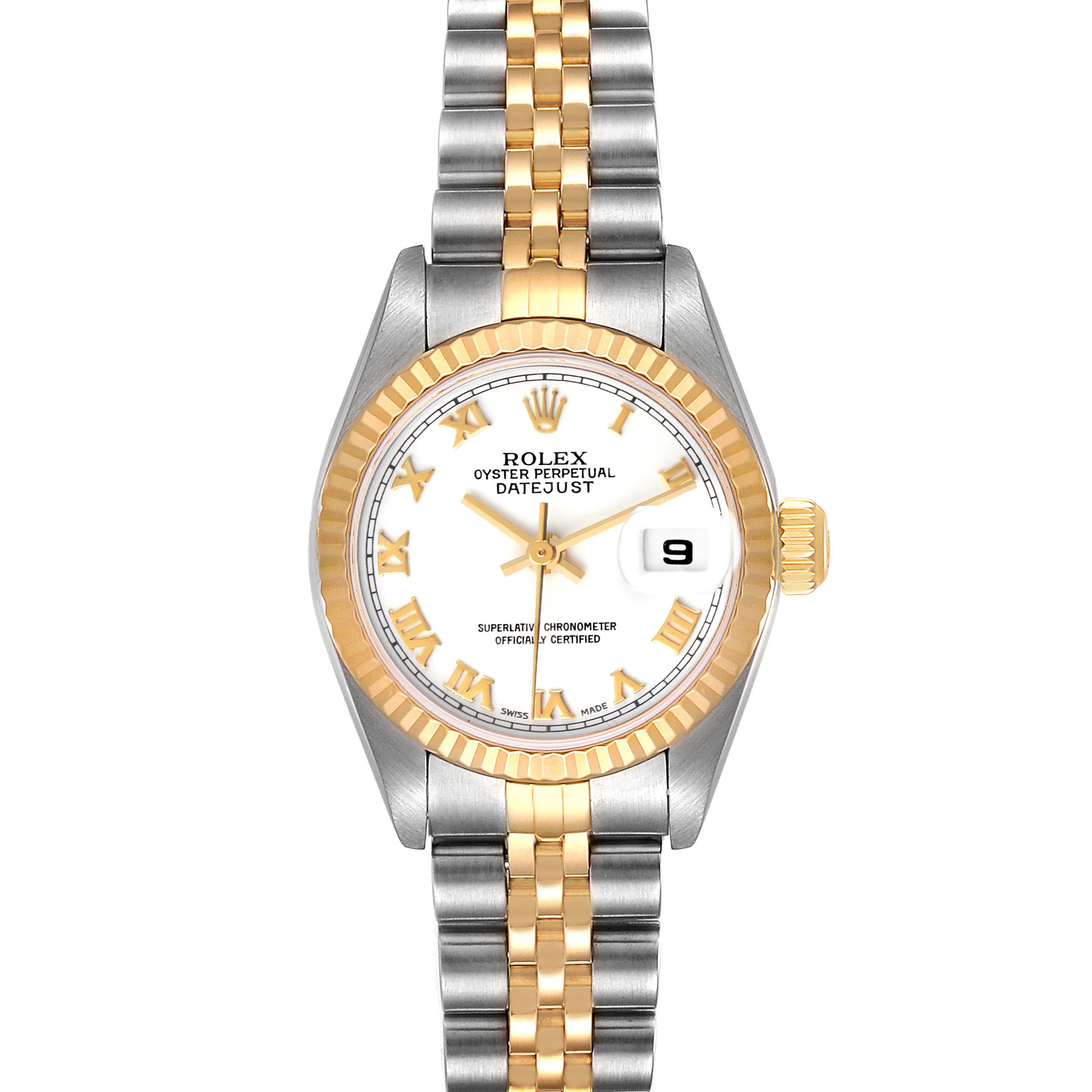 The image shows a Rolex Datejust 79173 Women's Steel and Gold (two tone) White Dial 79173 Women's Steel and Gold (two tone) White Dial watch from a front angle, displaying the dial, bezel, and bracelet.