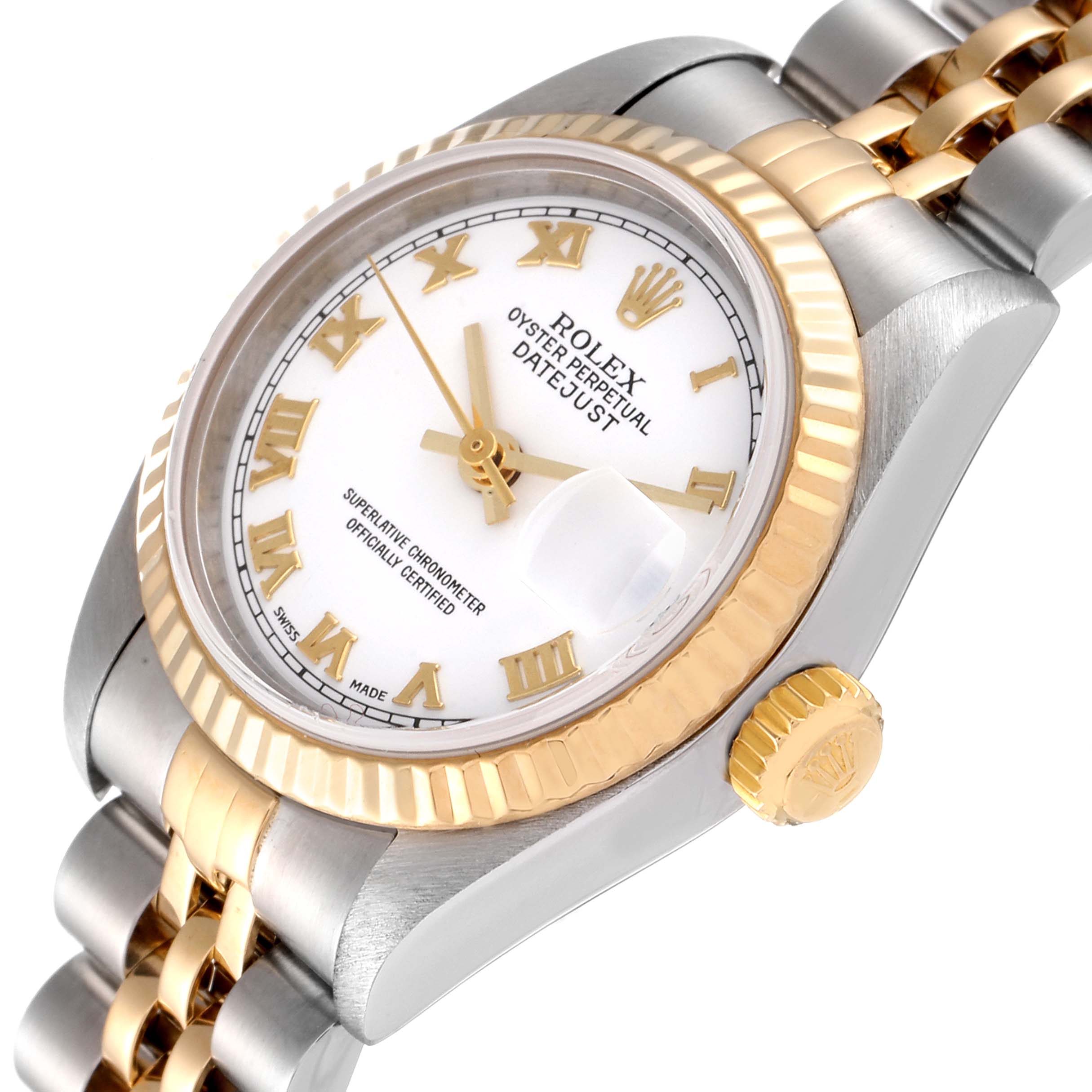 The image shows a close-up, angled view of a Rolex Datejust 79173 Women's Steel and Gold (two tone) White Dial 79173 Women's Steel and Gold (two tone) White Dial watch, highlighting its dial, bezel, crown, and part of the bracelet.