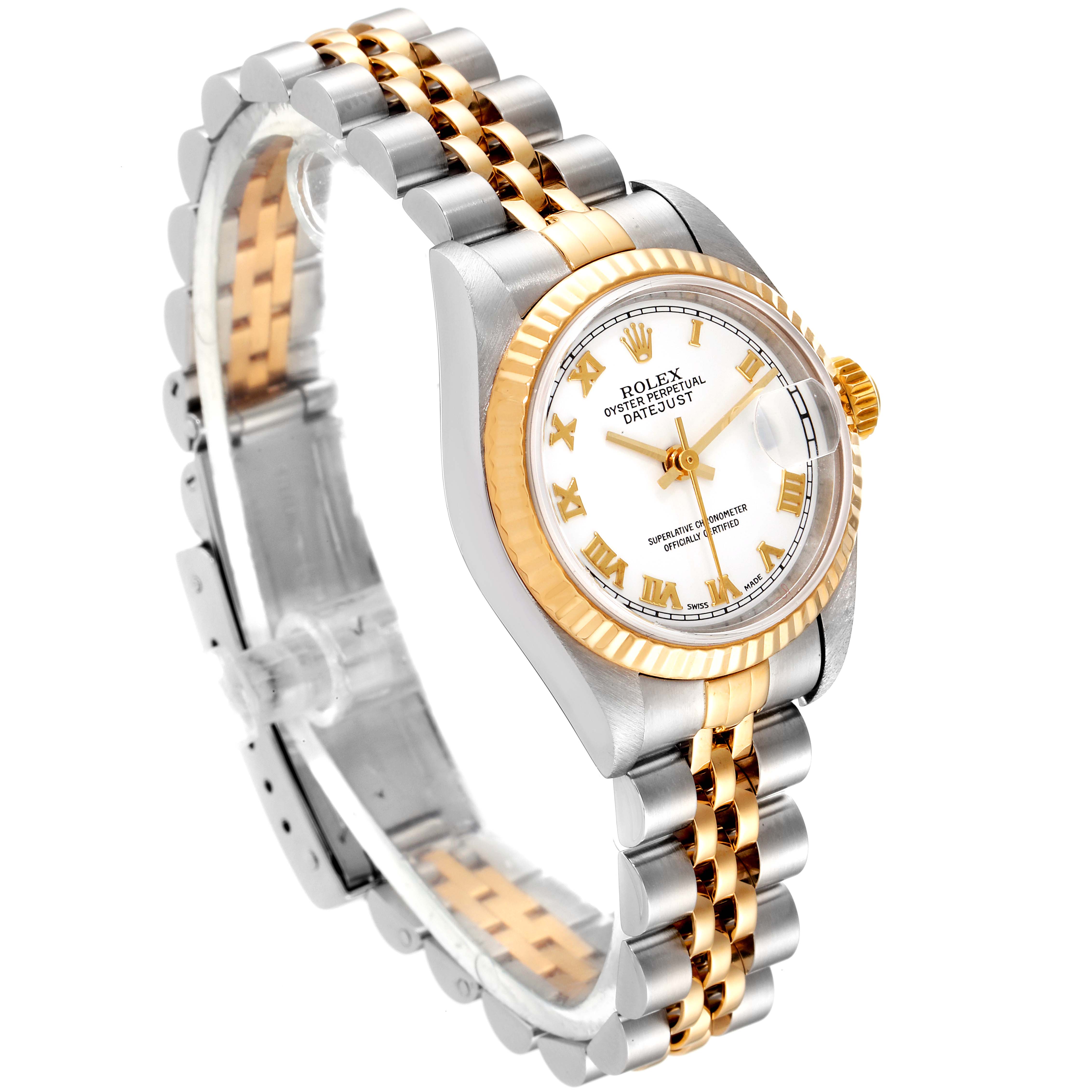This image displays a Rolex Datejust 79173 Women's Steel and Gold (two tone) White Dial 79173 Women's Steel and Gold (two tone) White Dial watch at an angle showcasing its dial, bezel, and two-tone bracelet.