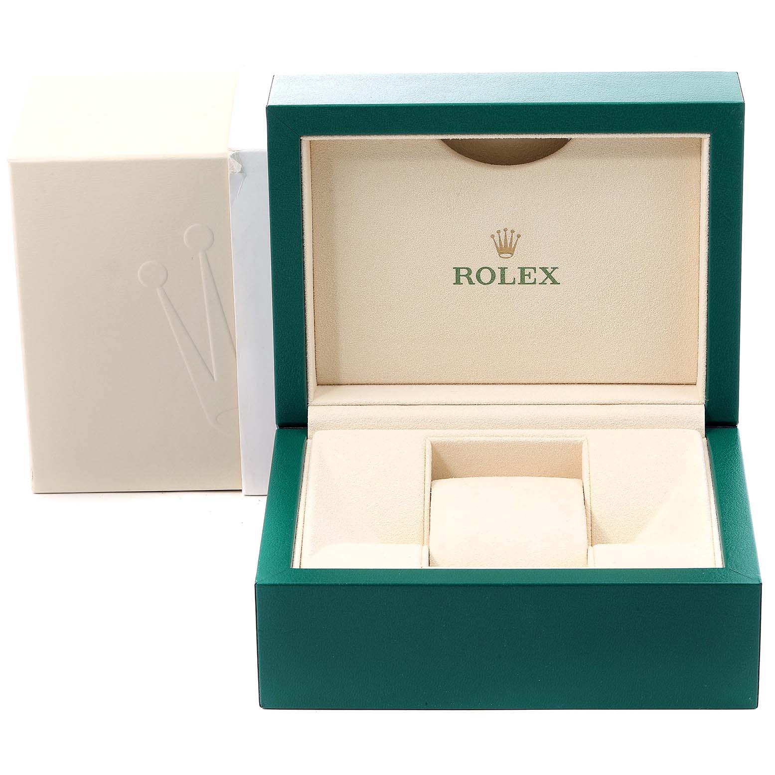 The image shows an open Rolex Datejust 279174 Women's Stainless Steel Grey Dial 279174 Women's Stainless Steel Grey Dial watch box, displaying the interior with compartments for the watch and accessories.