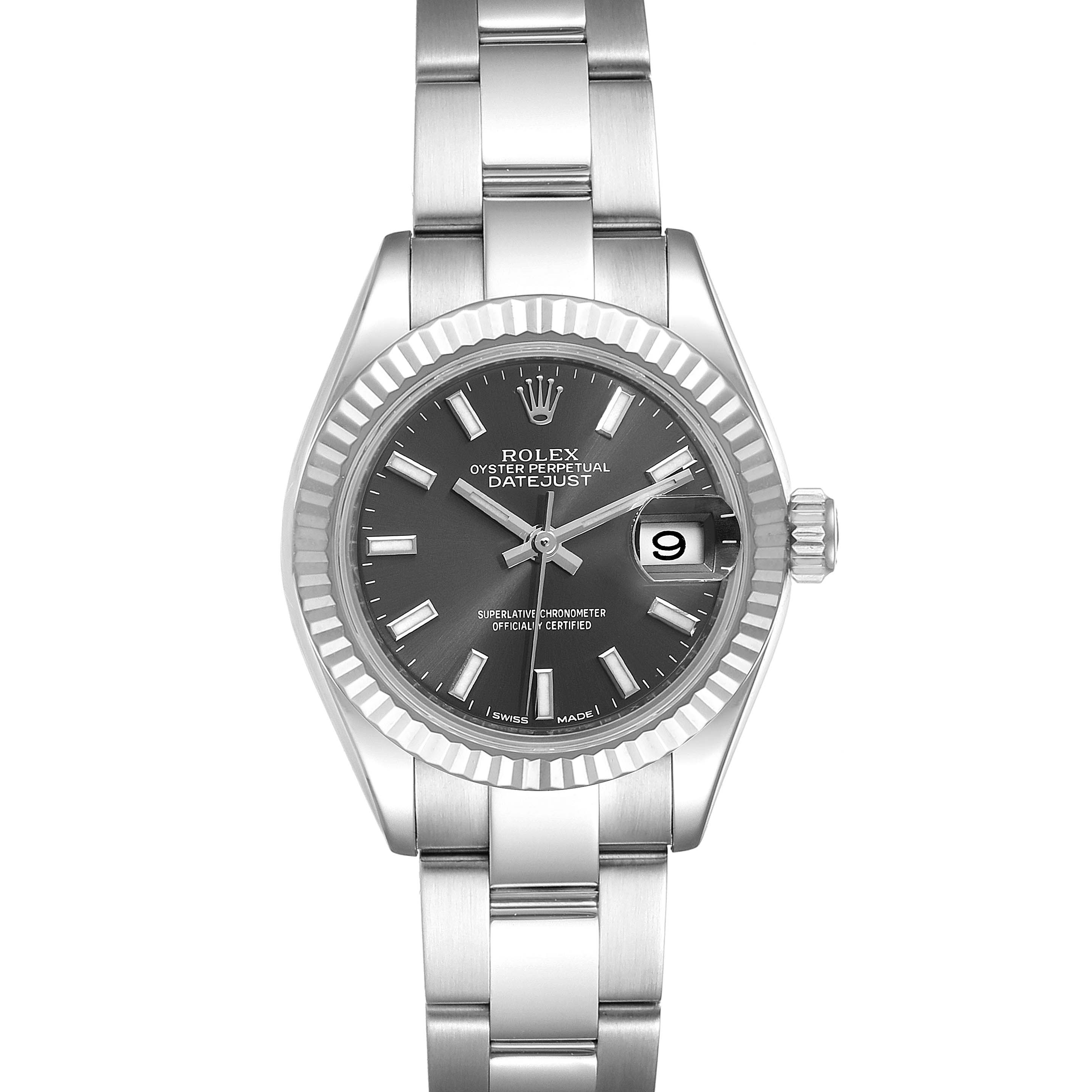 This image shows a Rolex Datejust 279174 Women's Stainless Steel Grey Dial 279174 Women's Stainless Steel Grey Dial watch from the front, including the dial, bezel, and bracelet.