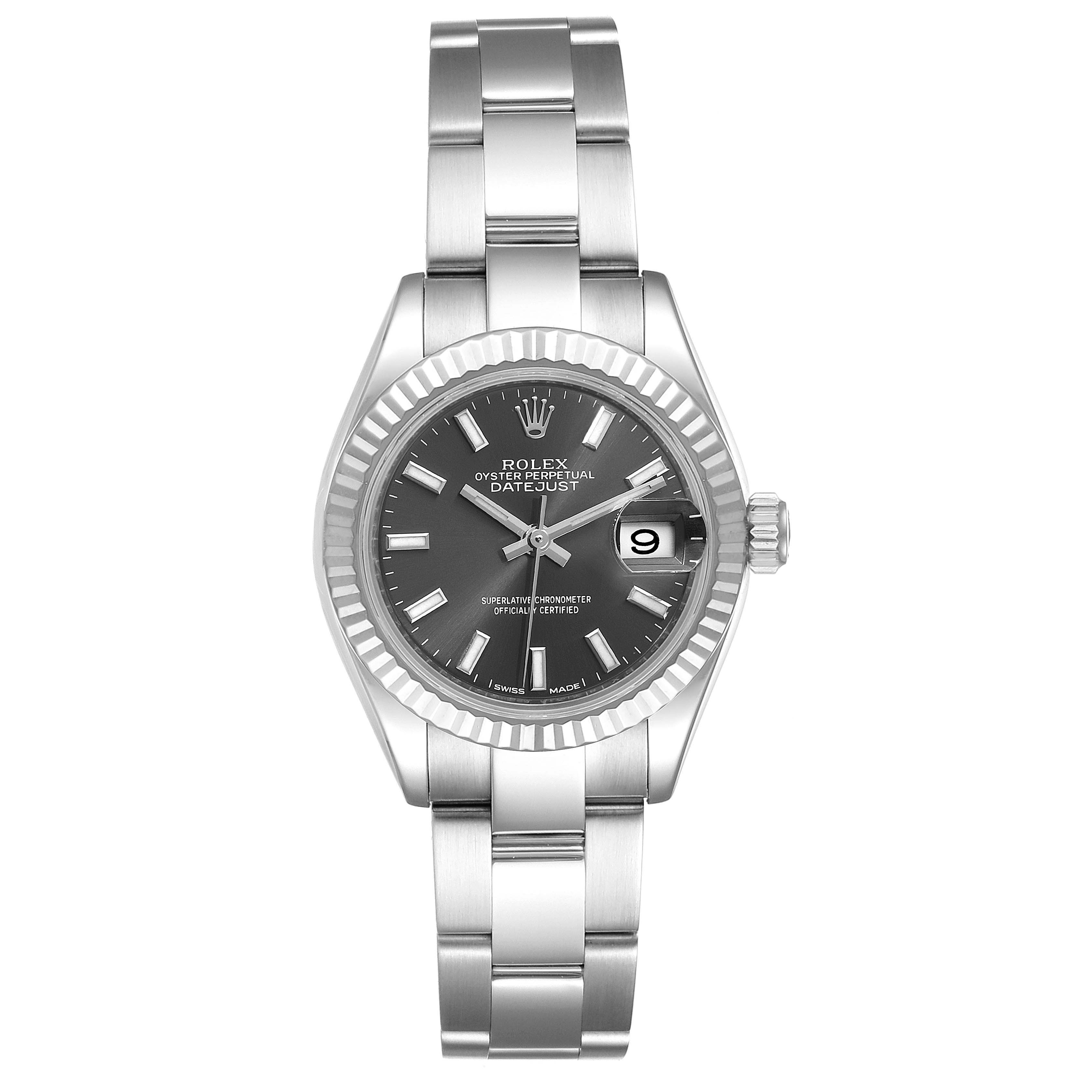 The Rolex Datejust 279174 Women's Stainless Steel Grey Dial 279174 Women's Stainless Steel Grey Dial watch is shown from a front angle, displaying the dial, bezel, and part of the bracelet.