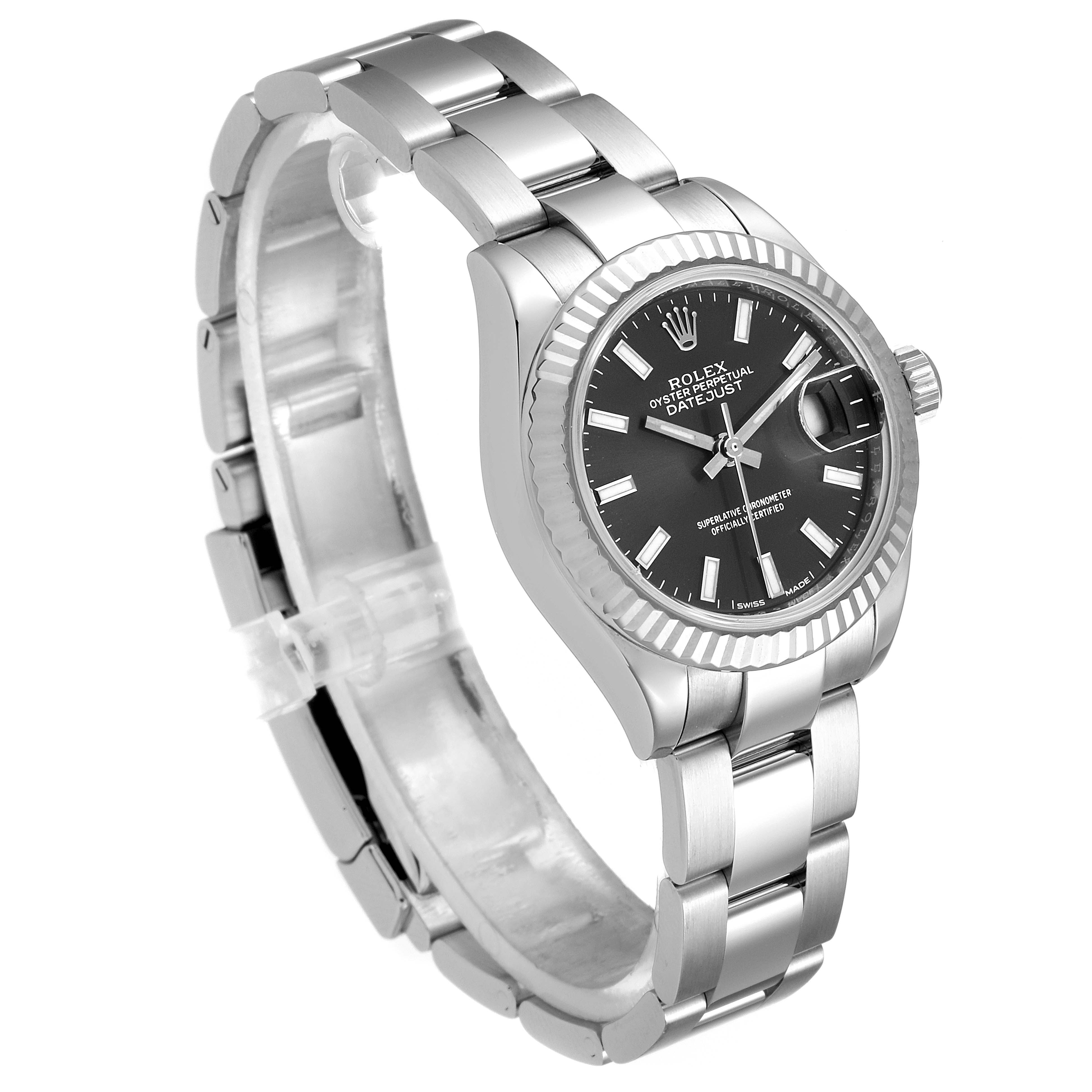 The image shows a Rolex Datejust 279174 Women's Stainless Steel Grey Dial 279174 Women's Stainless Steel Grey Dial watch at an angled side view, displaying the band, case, dial, and fluted bezel.