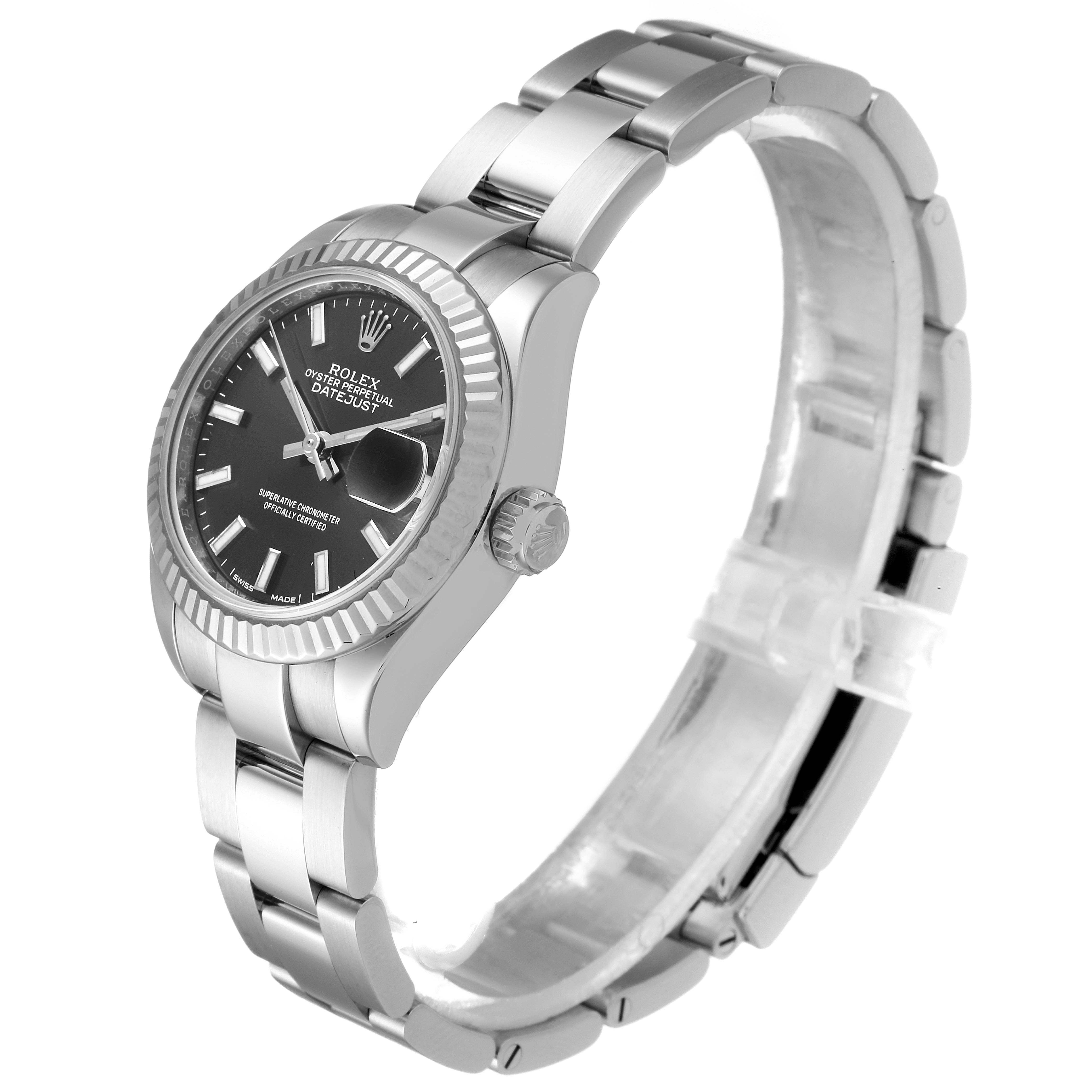 A Rolex Datejust 279174 Women's Stainless Steel Grey Dial 279174 Women's Stainless Steel Grey Dial watch is shown from a left side angle, displaying the face, bezel, crown, and bracelet.