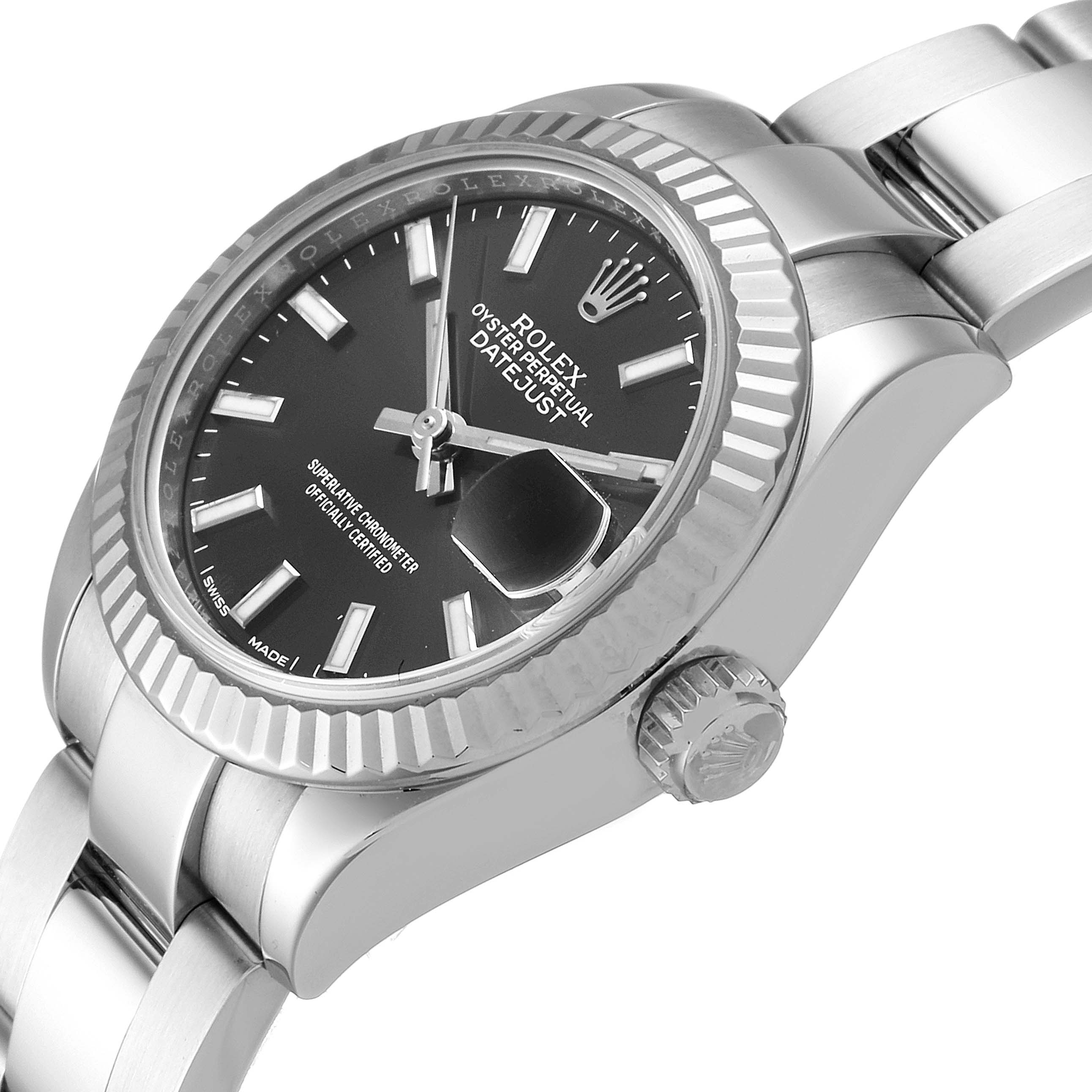 The image shows the Rolex Datejust 279174 Women's Stainless Steel Grey Dial 279174 Women's Stainless Steel Grey Dial watch at an angled side view, highlighting the crown, bezel, case, and bracelet.