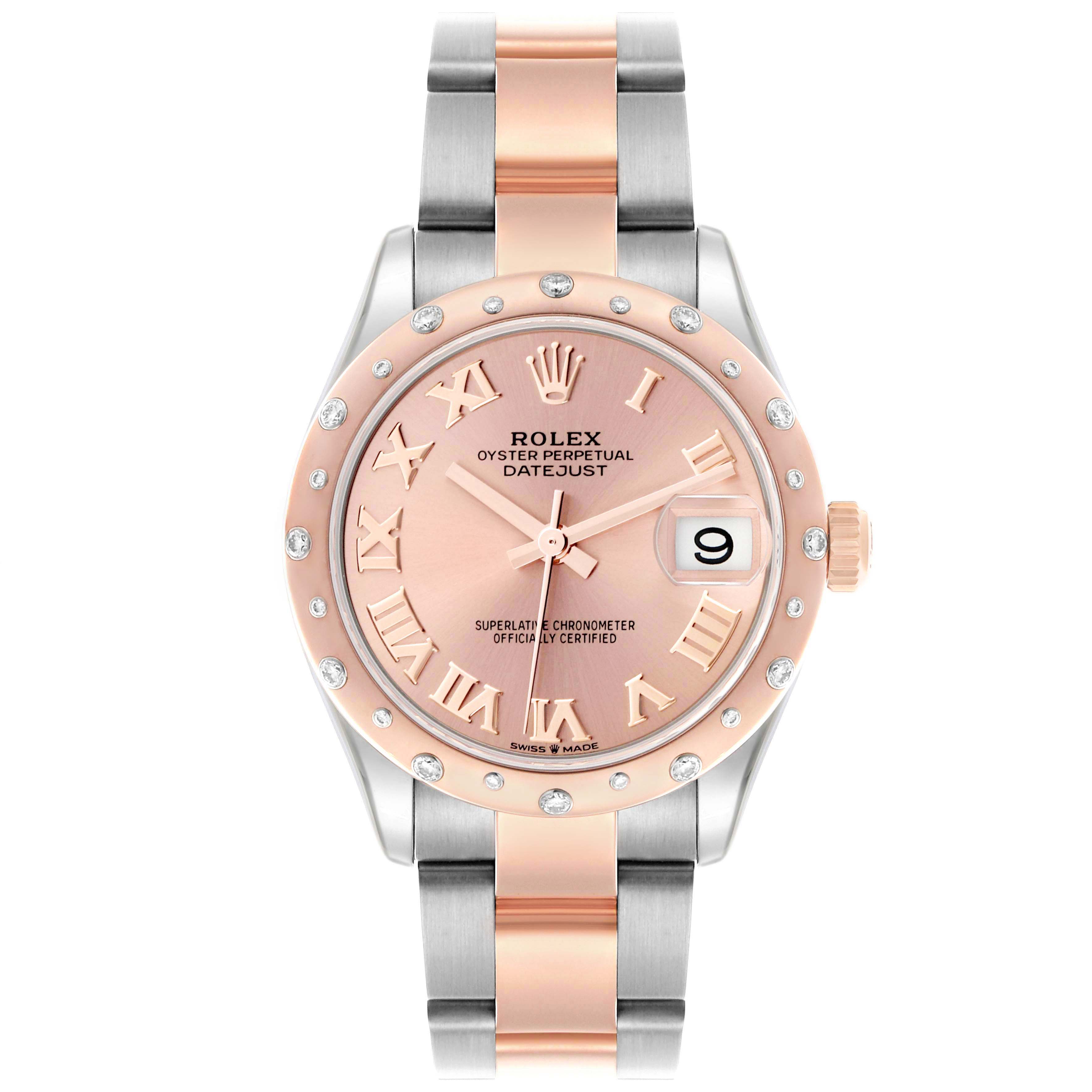 The Rolex Mid-Size 278241 Women's Steel and Gold (two tone) Pink Dial Datejust watch is shown from a front angle, highlighting the dial, bezel, and bracelet.