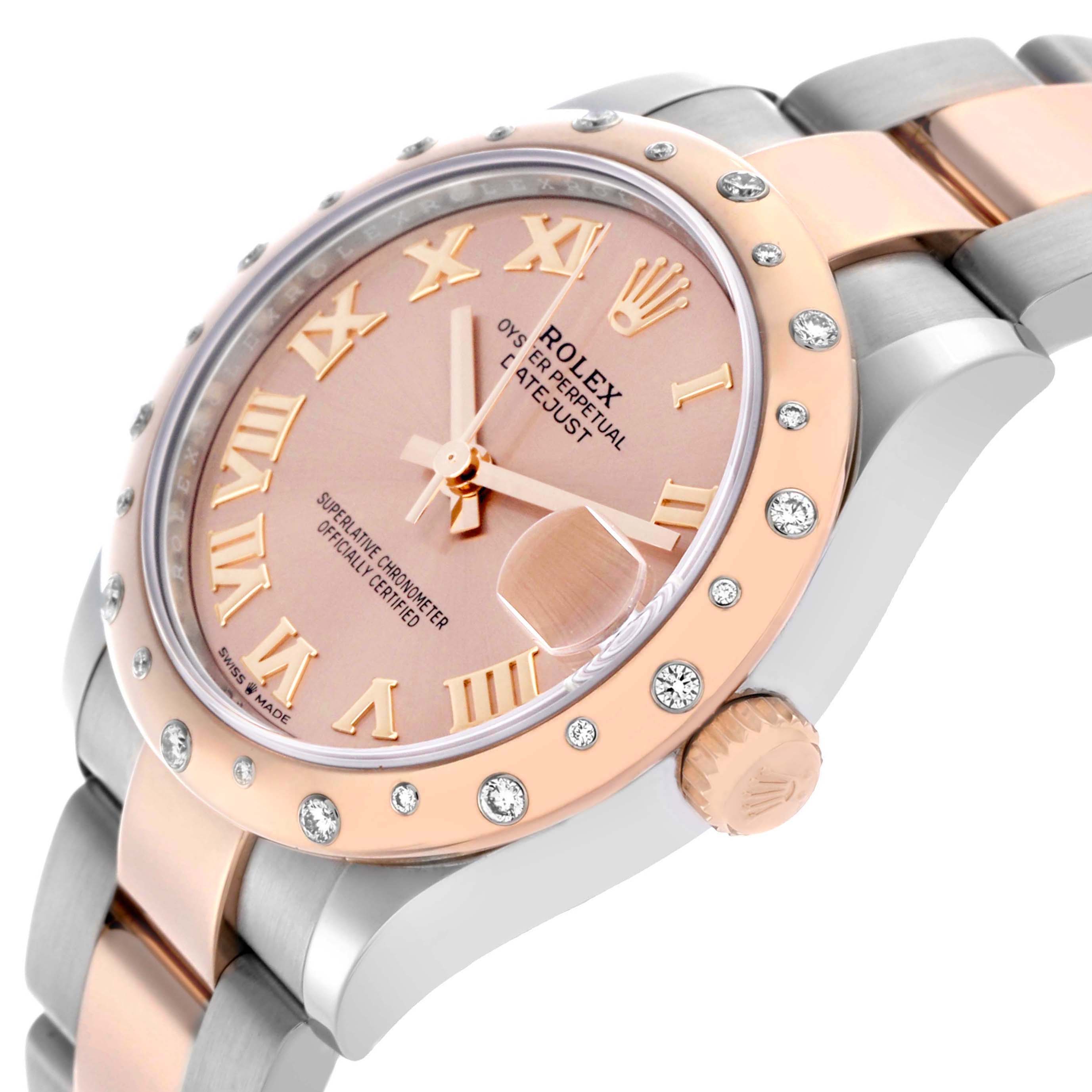 The Rolex Mid-Size 278241 Women's Steel and Gold (two tone) Pink Dial model is shown at an angle highlighting the face, bezel, crown, and part of the bracelet.
