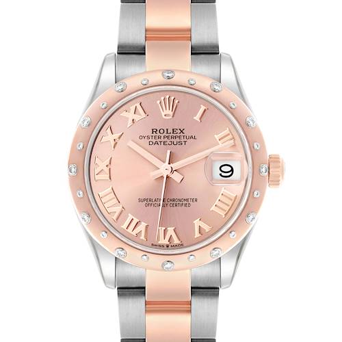 This Rolex Datejust Mid-Size watch is shown from the front, displaying the dial, bezel, and part of the bracelet.