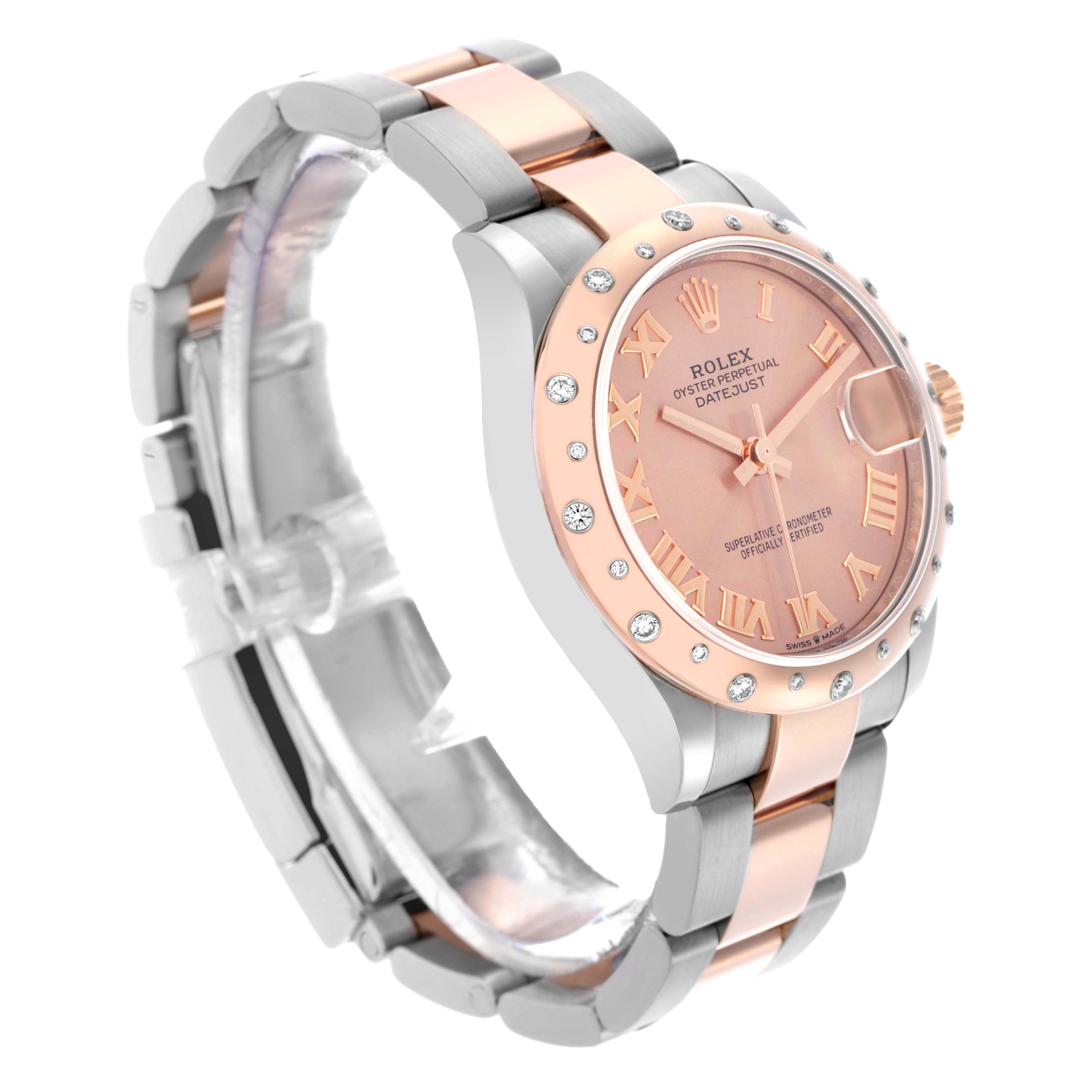 The Rolex Datejust Mid-Size watch is shown at a tilted angle, highlighting the bezel, dial, and bracelet.