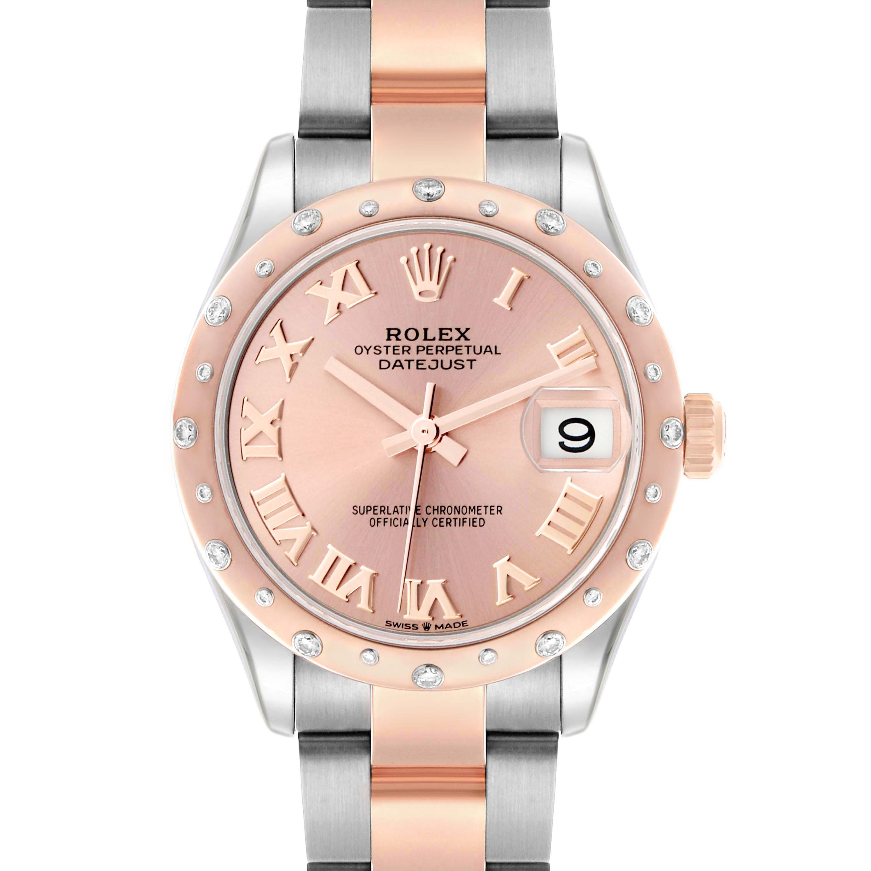 The Rolex Mid-Size 278241 Women's Steel and Gold (two tone) Pink Dial Datejust is shown from a front angle, highlighting the pink dial, diamond bezel, and two-tone bracelet.