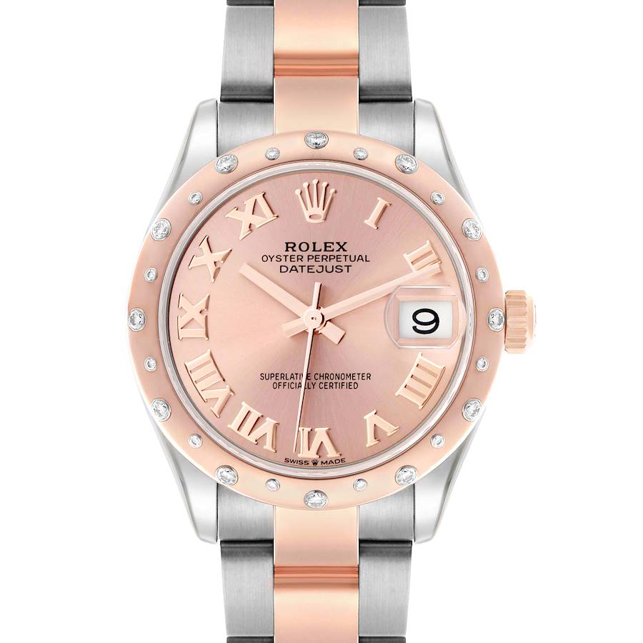 The Rolex Mid-Size 278241 Women's Steel and Gold (two tone) Pink Dial Datejust is shown from a front angle, highlighting the pink dial, diamond bezel, and two-tone bracelet.