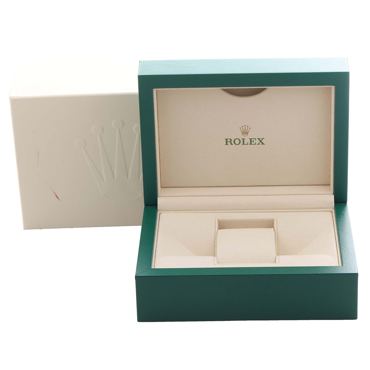 The image shows a Rolex Mid-Size 278241 Women's Steel and Gold (two tone) Pink Dial 278241 Women's Steel and Gold (two tone) Pink Dial model watch box, open and empty, with the iconic crown logo inside.