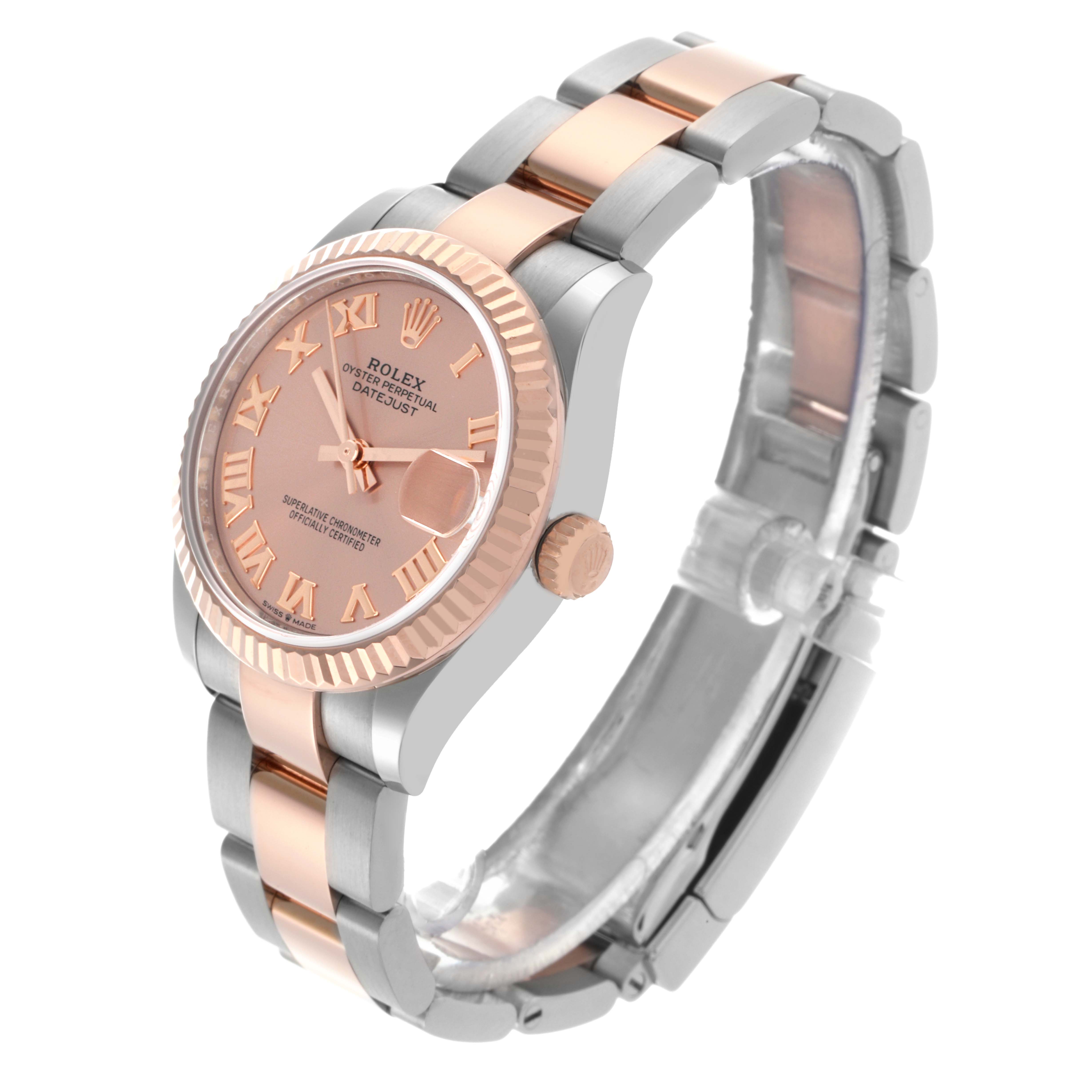 The Rolex Mid-Size 278271 Women's Steel and Gold (two tone) Pink Dial 278271 Women's Steel and Gold (two tone) Pink Dial watch is shown at a three-quarter angle highlighting the face, bezel, crown, and bracelet.