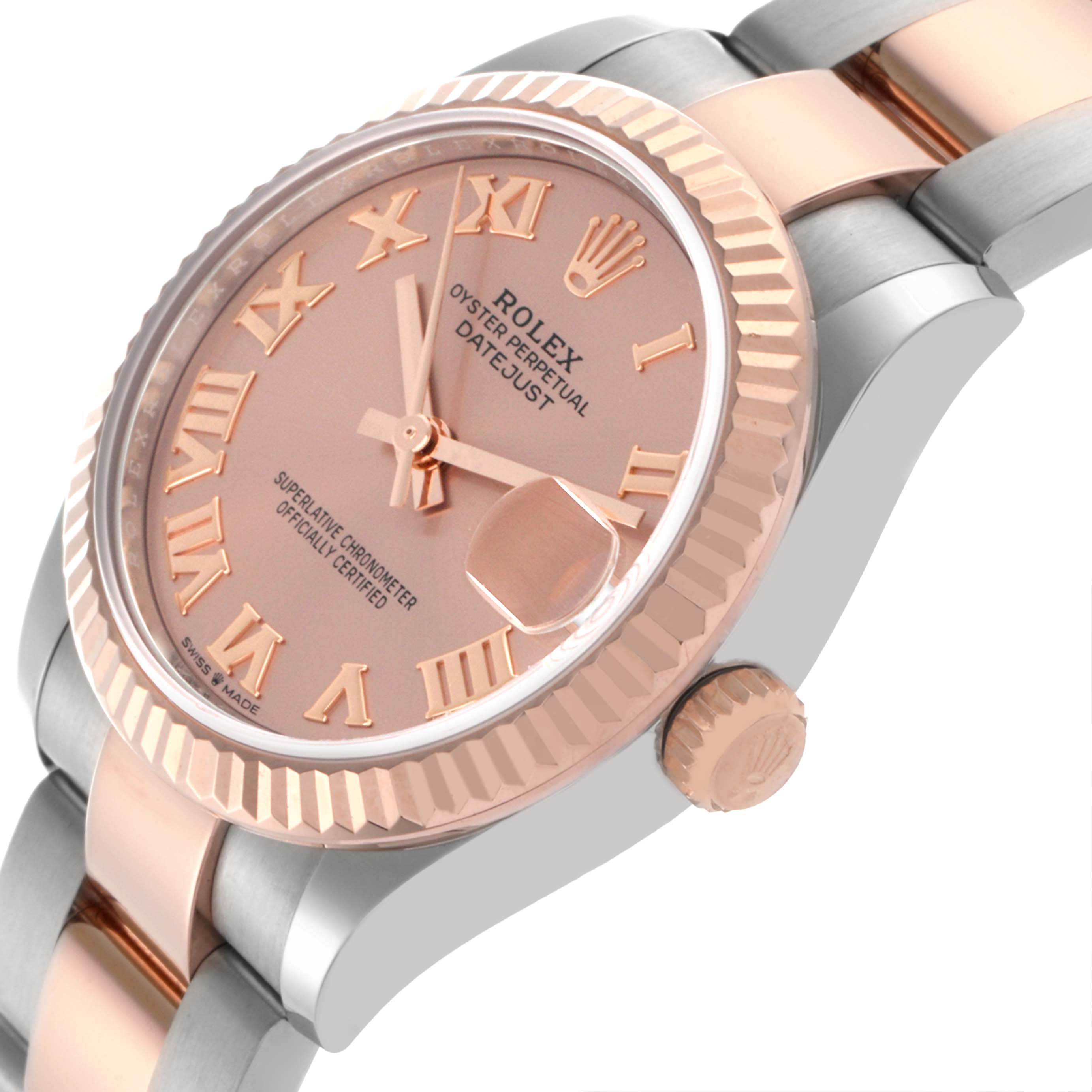 The Rolex Mid-Size 278271 Women's Steel and Gold (two tone) Pink Dial 278271 Women's Steel and Gold (two tone) Pink Dial Datejust is shown at an angled side view, highlighting the bezel, crown, and part of the bracelet.