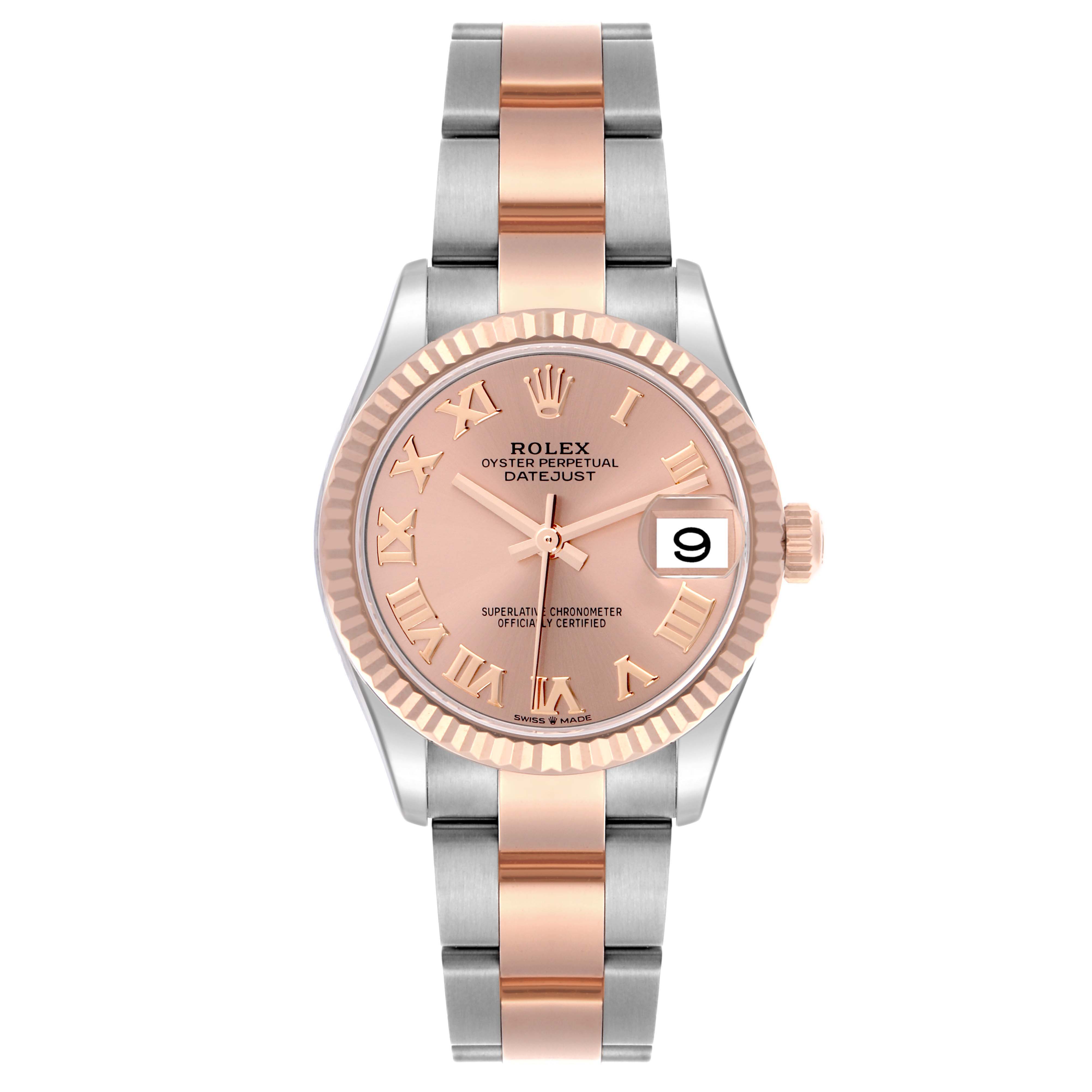 The Rolex Mid-Size 278271 Women's Steel and Gold (two tone) Pink Dial 278271 Women's Steel and Gold (two tone) Pink Dial model is shown from a top-down angle, displaying the watch face, hands, bezel, and bracelet clearly.