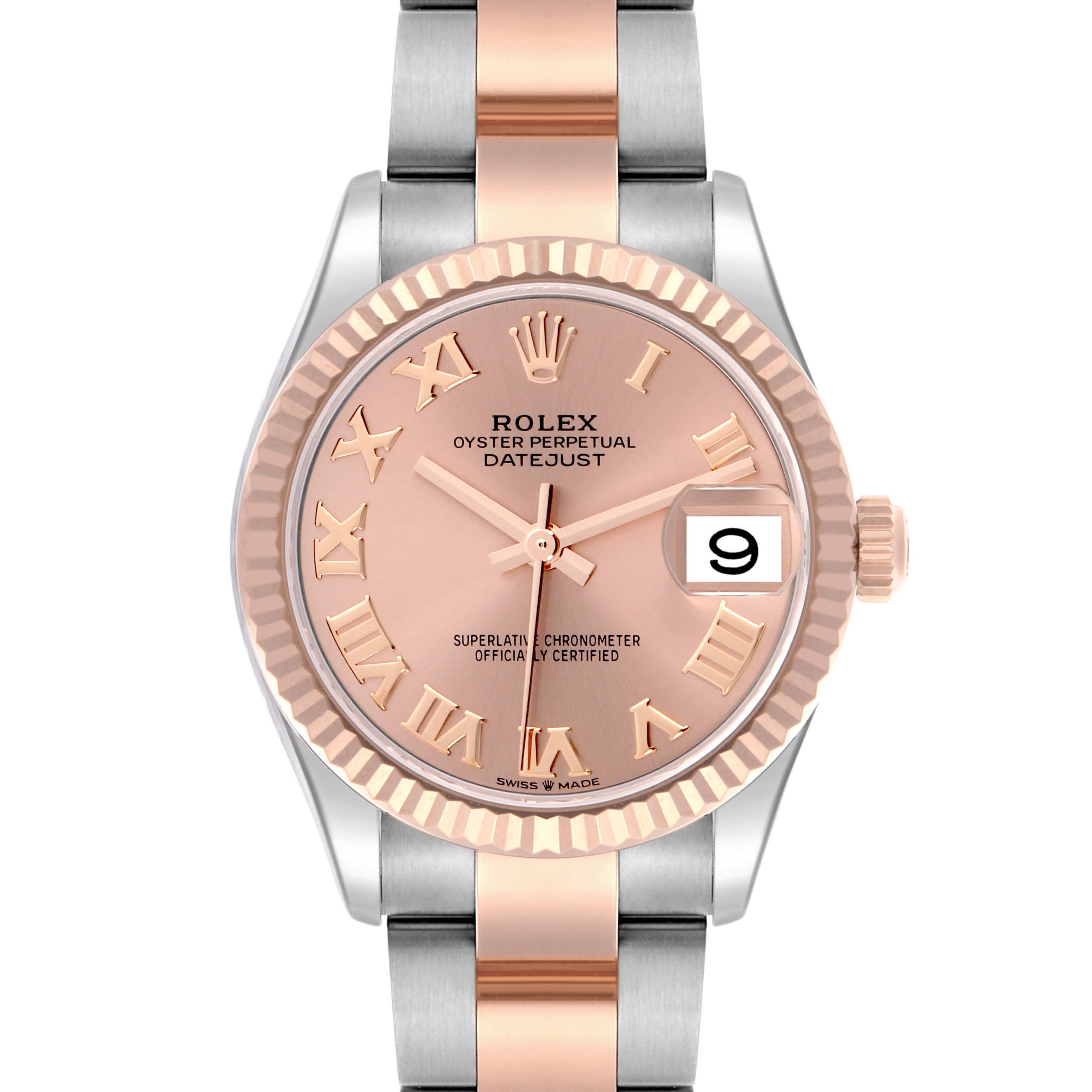 The Rolex Mid-Size 278271 Women's Steel and Gold (two tone) Pink Dial 278271 Women's Steel and Gold (two tone) Pink Dial Datejust is shown from a front angle, highlighting its two-tone bracelet, fluted bezel, and Roman numeral dial.