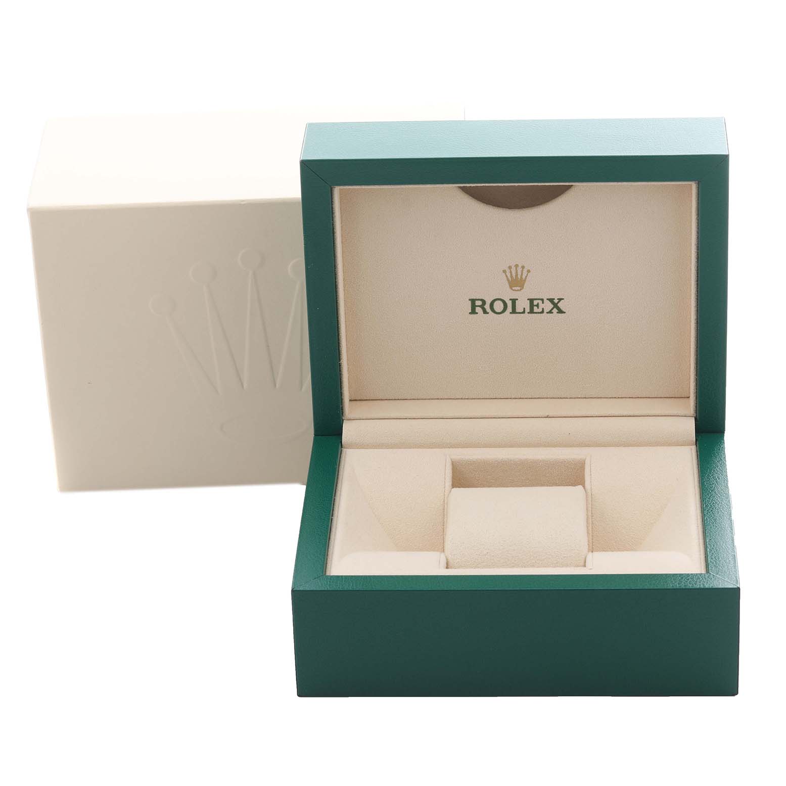 The image shows an open Rolex box for a Mid-Size watch, displaying its interior cushion and exterior logo in a front-facing angle.