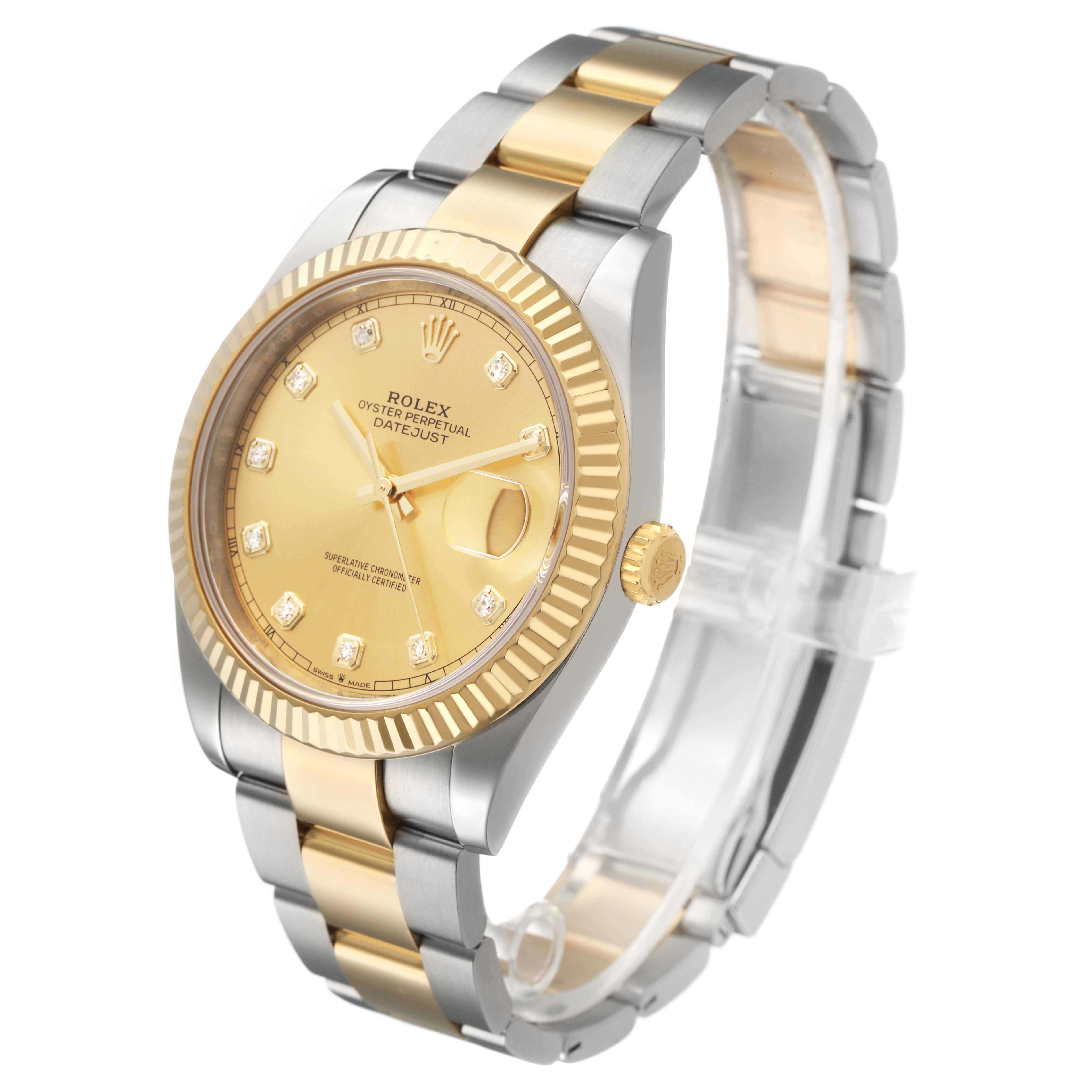 The image shows a Rolex Datejust 41 M126333-0011 Men's Steel and Gold (two tone) Champagne Dial at a three-quarter angle, highlighting the two-tone bracelet, fluted bezel, and champagne dial.