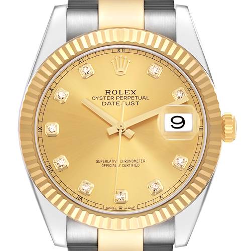 The Rolex Datejust 41 M126333-0011 Men's Steel and Gold (two tone) Champagne Dial is shown from the front, highlighting the dial, bezel, and part of the bracelet.