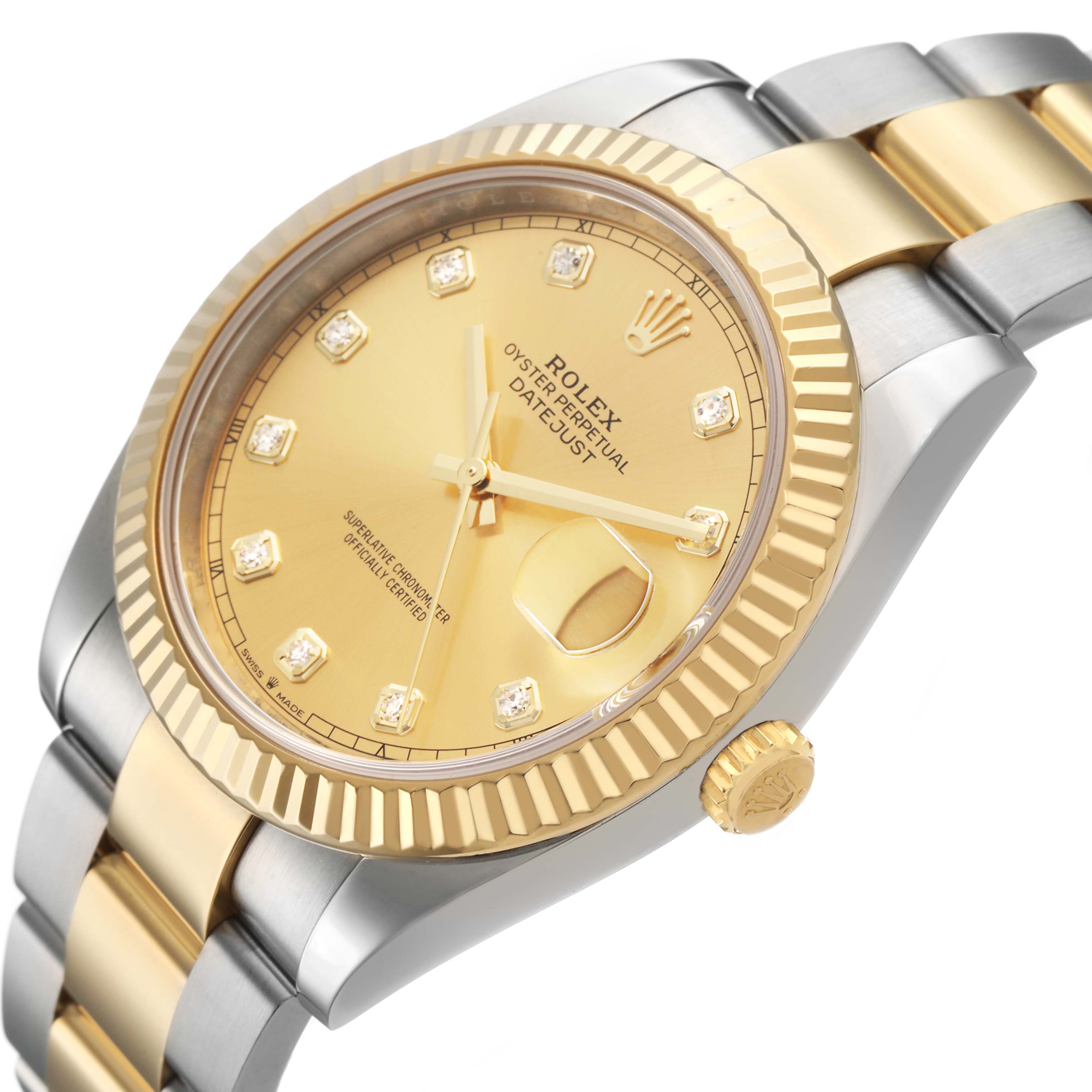 The Rolex Datejust 41 M126333-0011 Men's Steel and Gold (two tone) Champagne Dial is shown at an angled view, displaying its gold dial, fluted bezel, and two-tone bracelet.