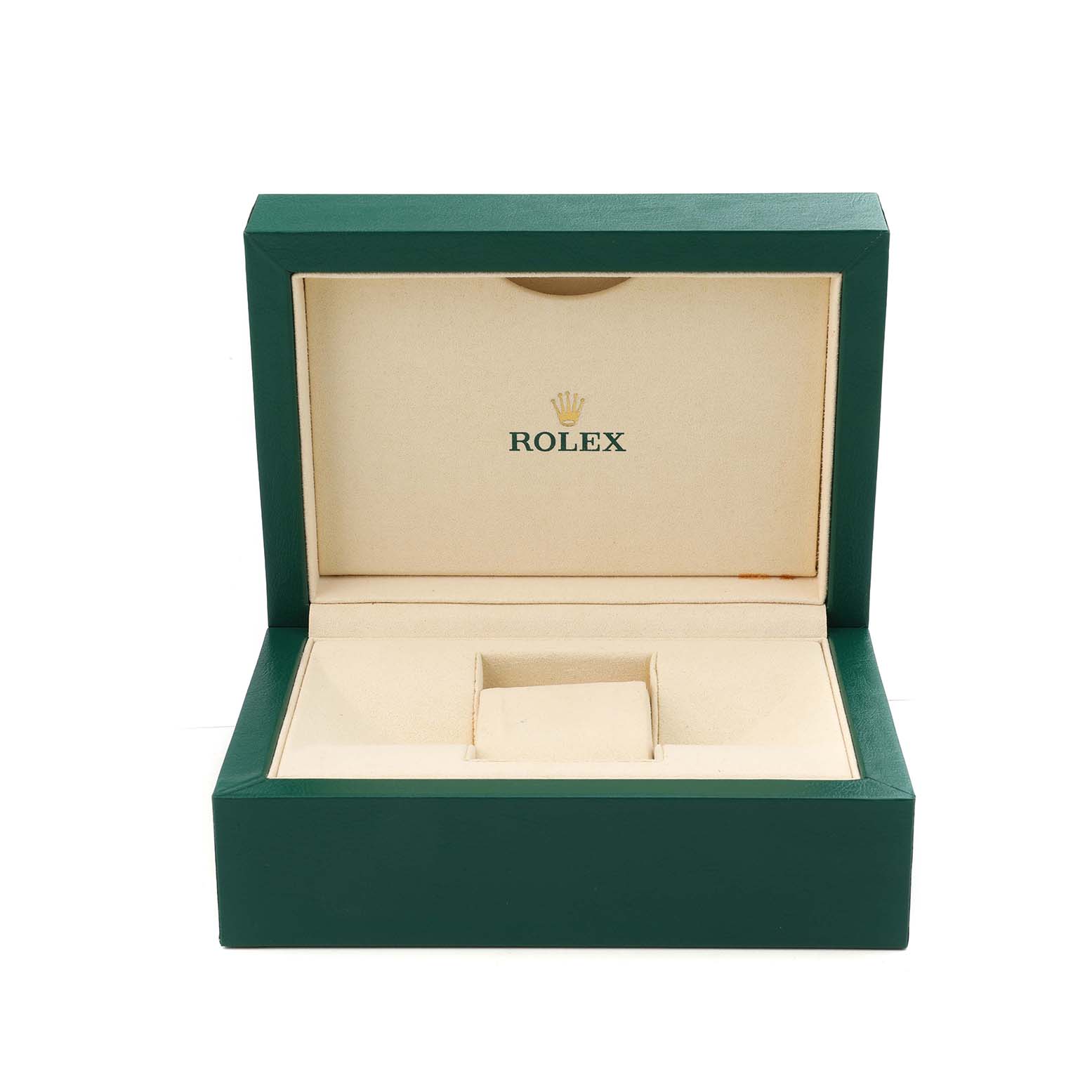 The image shows an open Rolex Datejust 41 M126333-0011 Men's Steel and Gold (two tone) Champagne Dial green and beige watch box, without the watch inside.