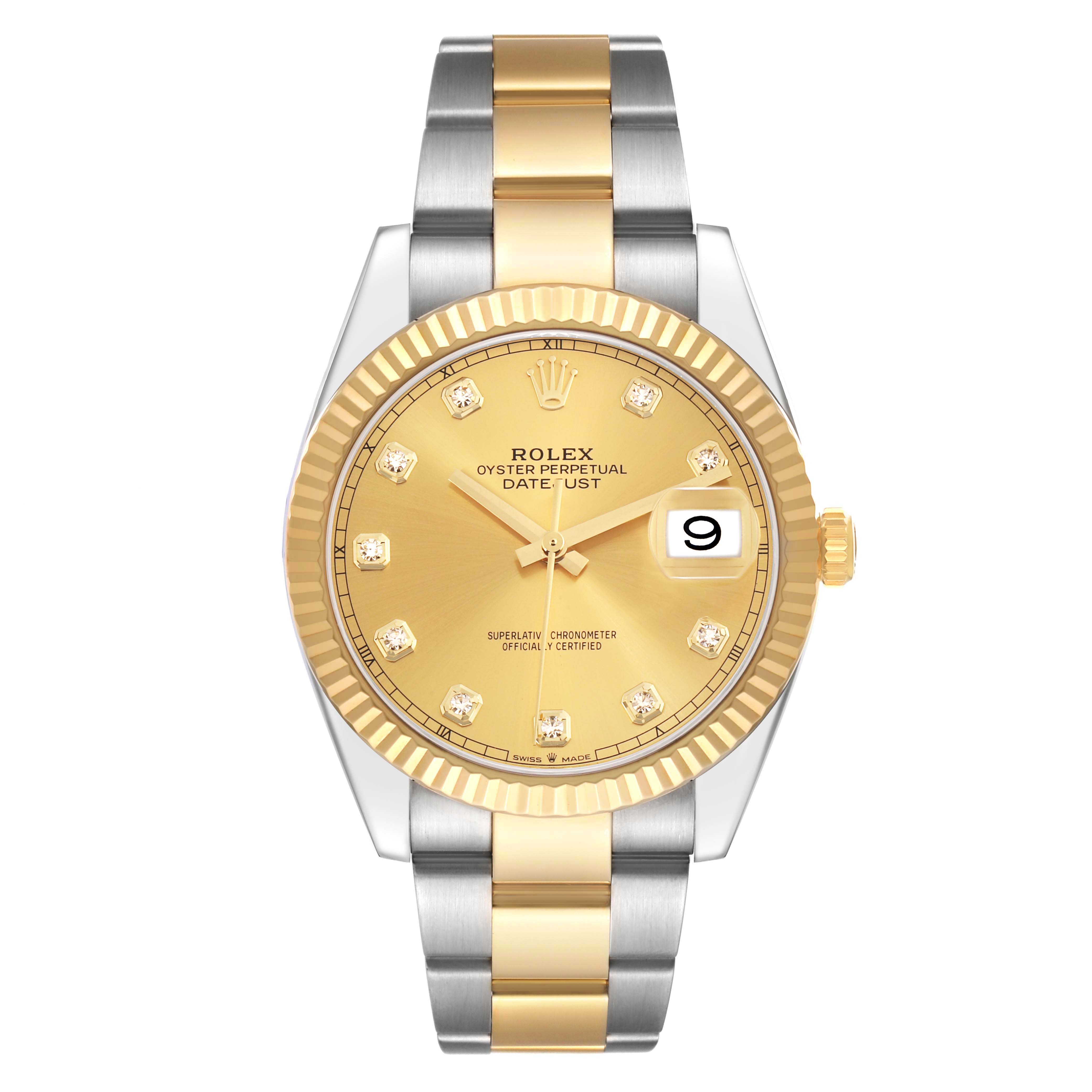 The Rolex Datejust 41 M126333-0011 Men's Steel and Gold (two tone) Champagne Dial is shown from a front angle, displaying its gold dial, fluted bezel, and two-tone bracelet.