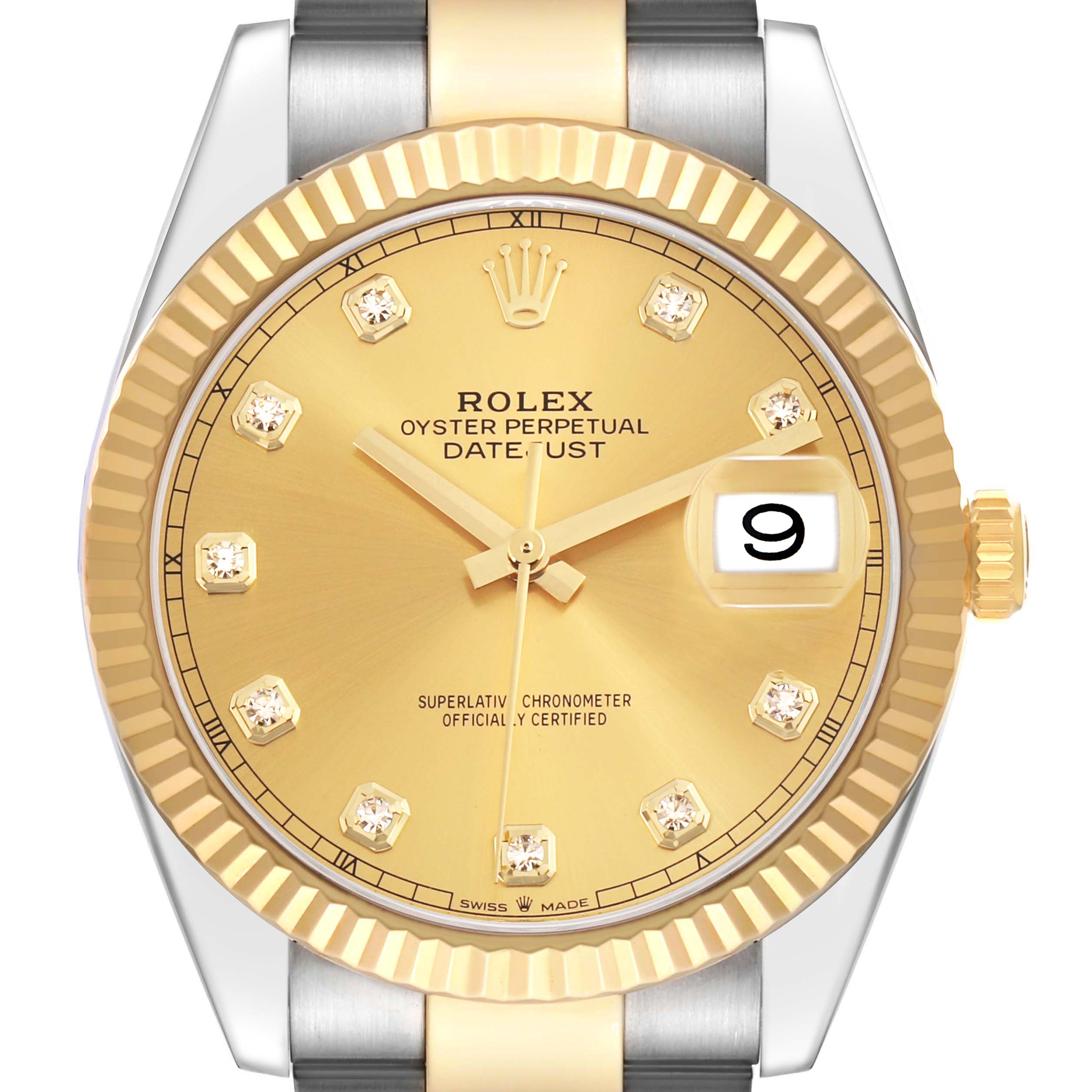 The Rolex Datejust 41 M126333-0011 Men's Steel and Gold (two tone) Champagne Dial is shown from the front, displaying the gold dial, diamond hour markers, fluted bezel, and date window.
