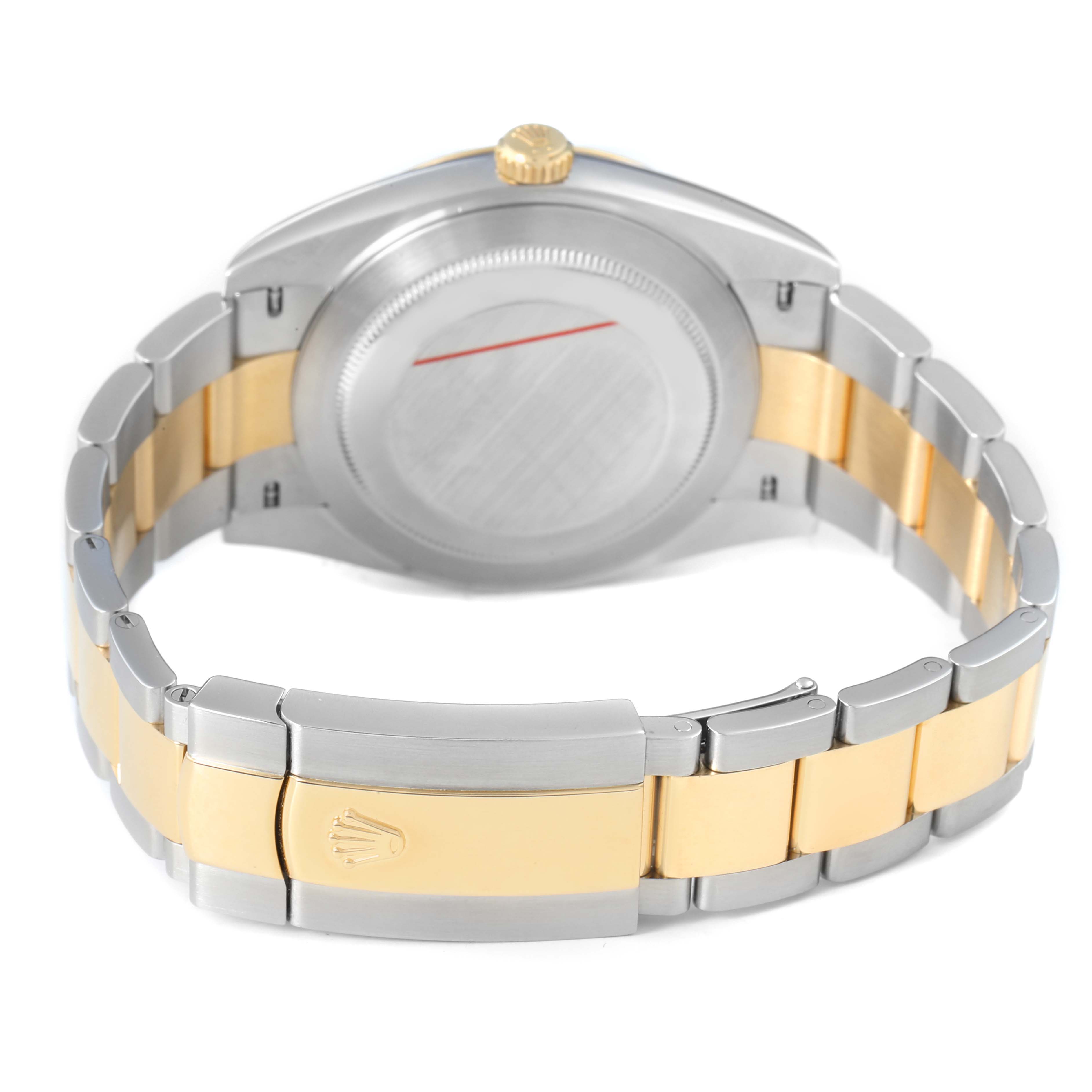 The image shows the back and bracelet of a Rolex Datejust 41 M126333-0011 Men's Steel and Gold (two tone) Champagne Dial, highlighting its two-tone metal finish and clasp.