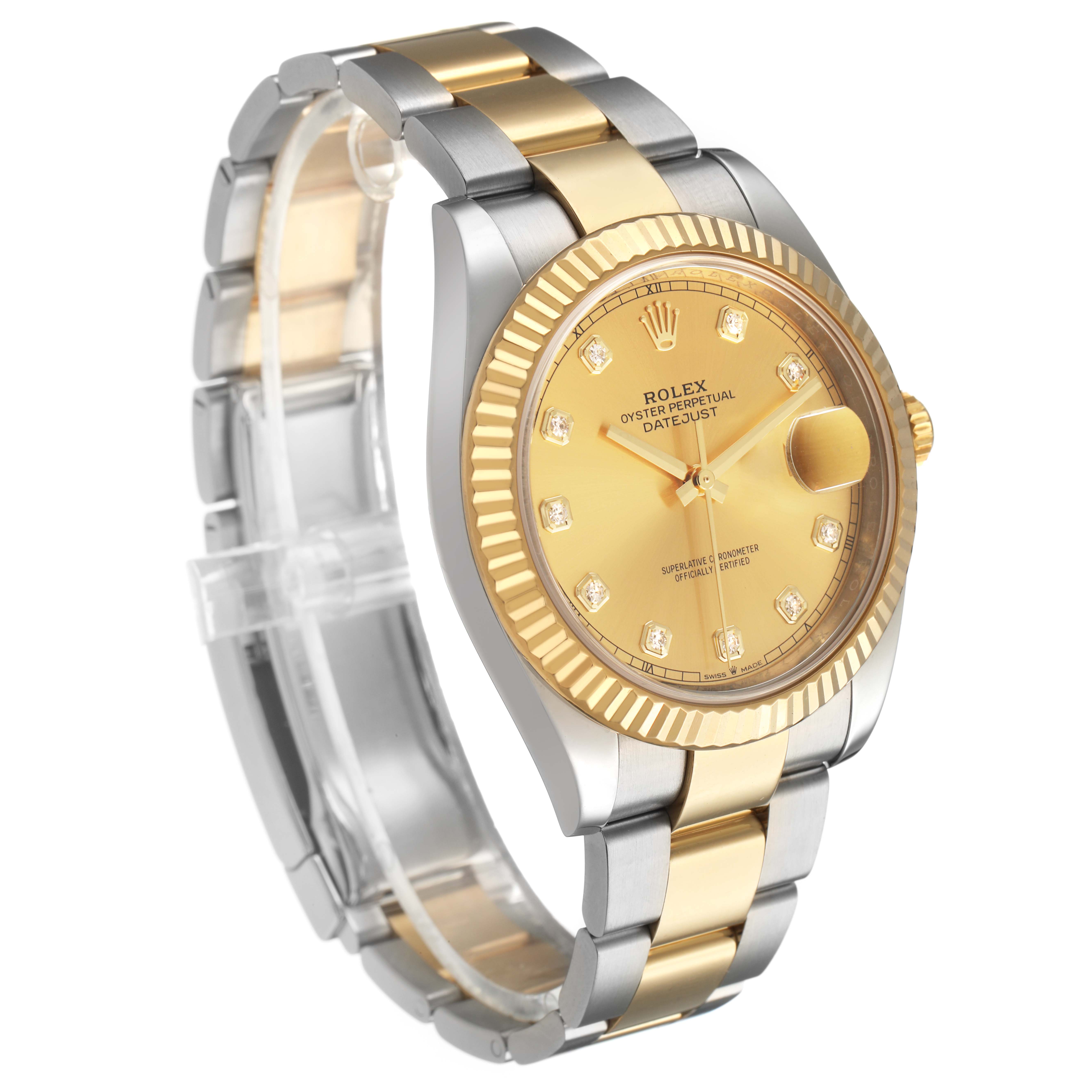The Rolex Datejust 41 M126333-0011 Men's Steel and Gold (two tone) Champagne Dial is shown at a side angle, displaying its bracelet, gold dial, and fluted bezel.