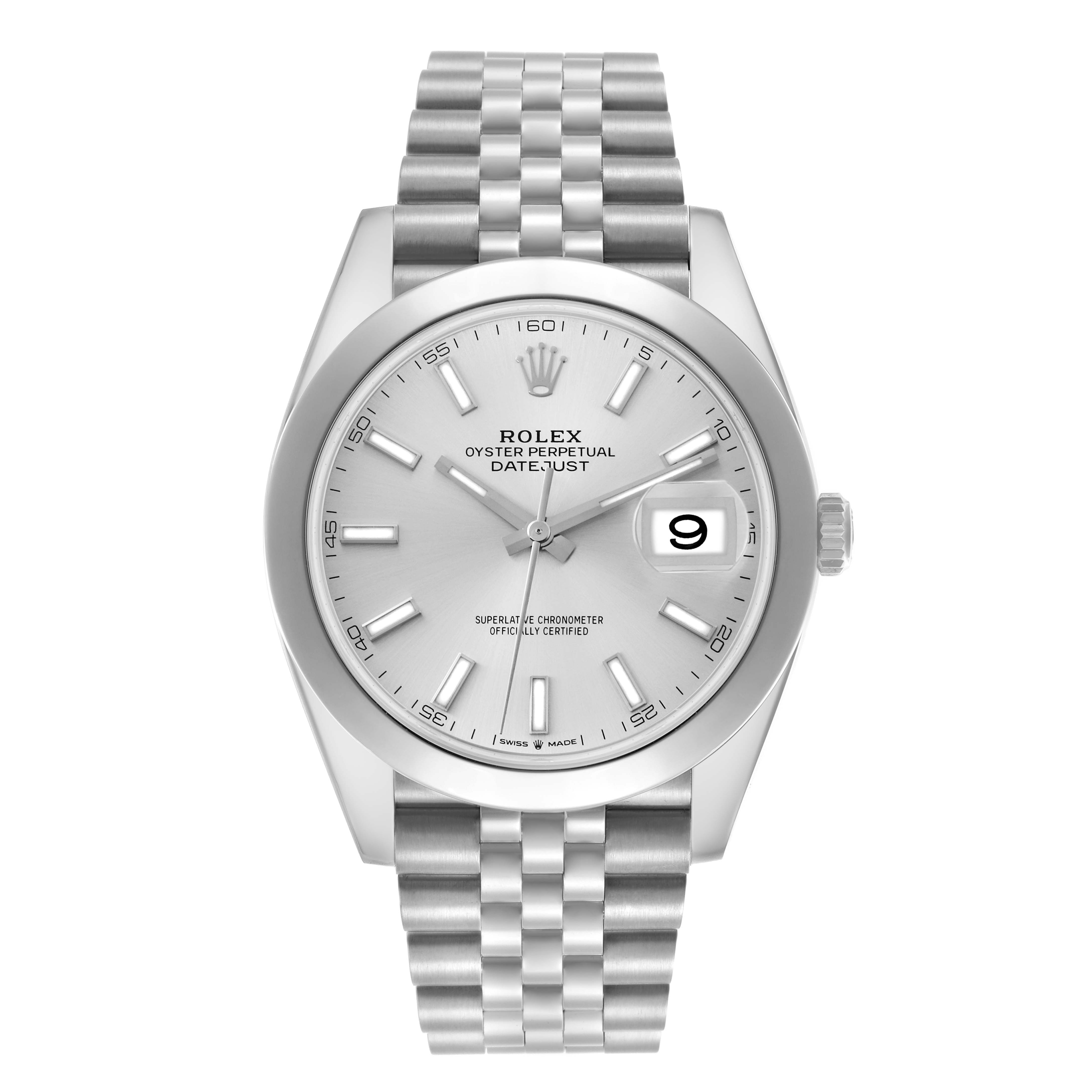 The Rolex Datejust 41 126300 Men's Stainless Steel Silver Dial 126300 Men's Stainless Steel Silver Dial is shown from a front angle, highlighting the dial, bezel, and Jubilee bracelet.