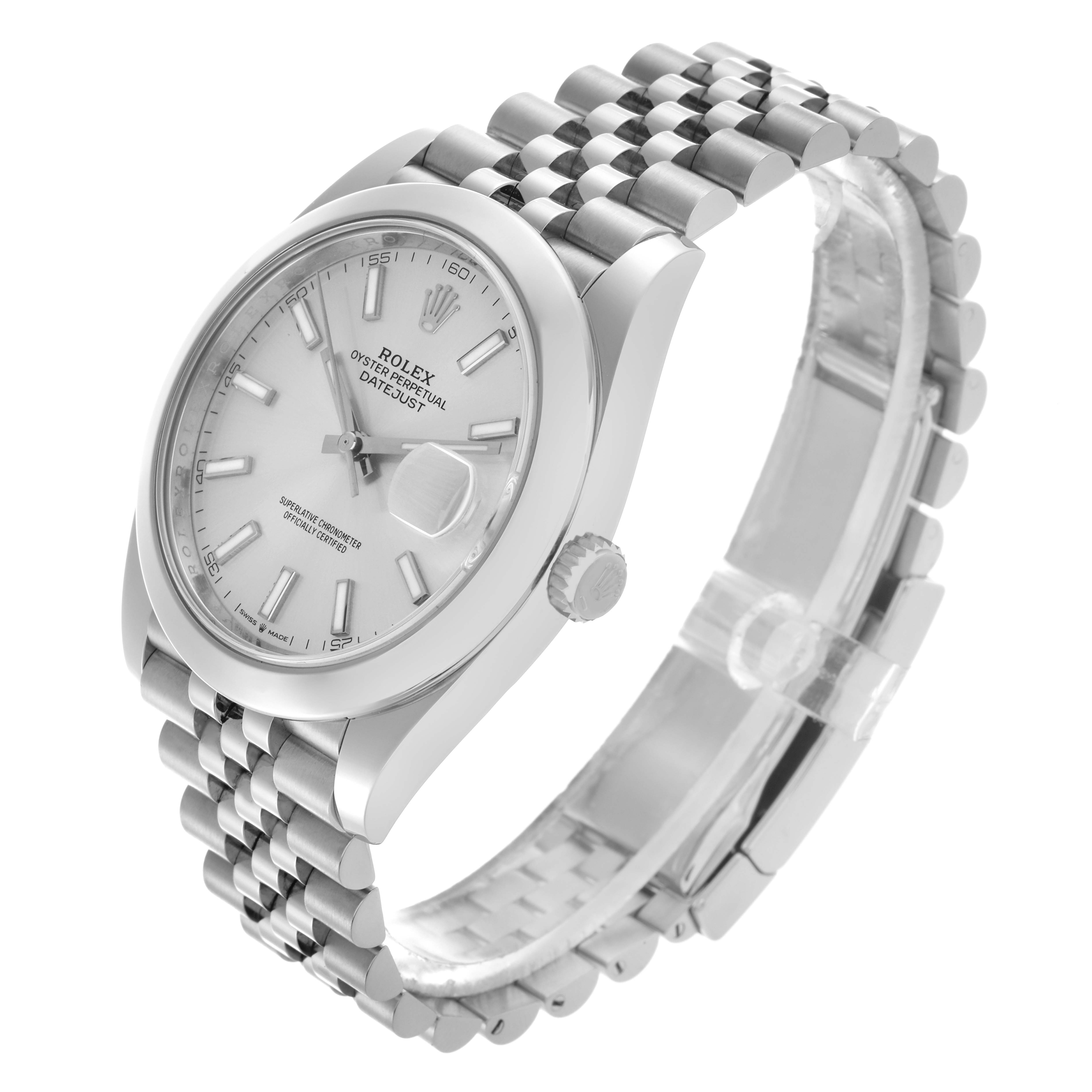 The Rolex Datejust 41 126300 Men's Stainless Steel Silver Dial 126300 Men's Stainless Steel Silver Dial is shown at a three-quarter angle, displaying the face, bezel, crown, and jubilee bracelet.