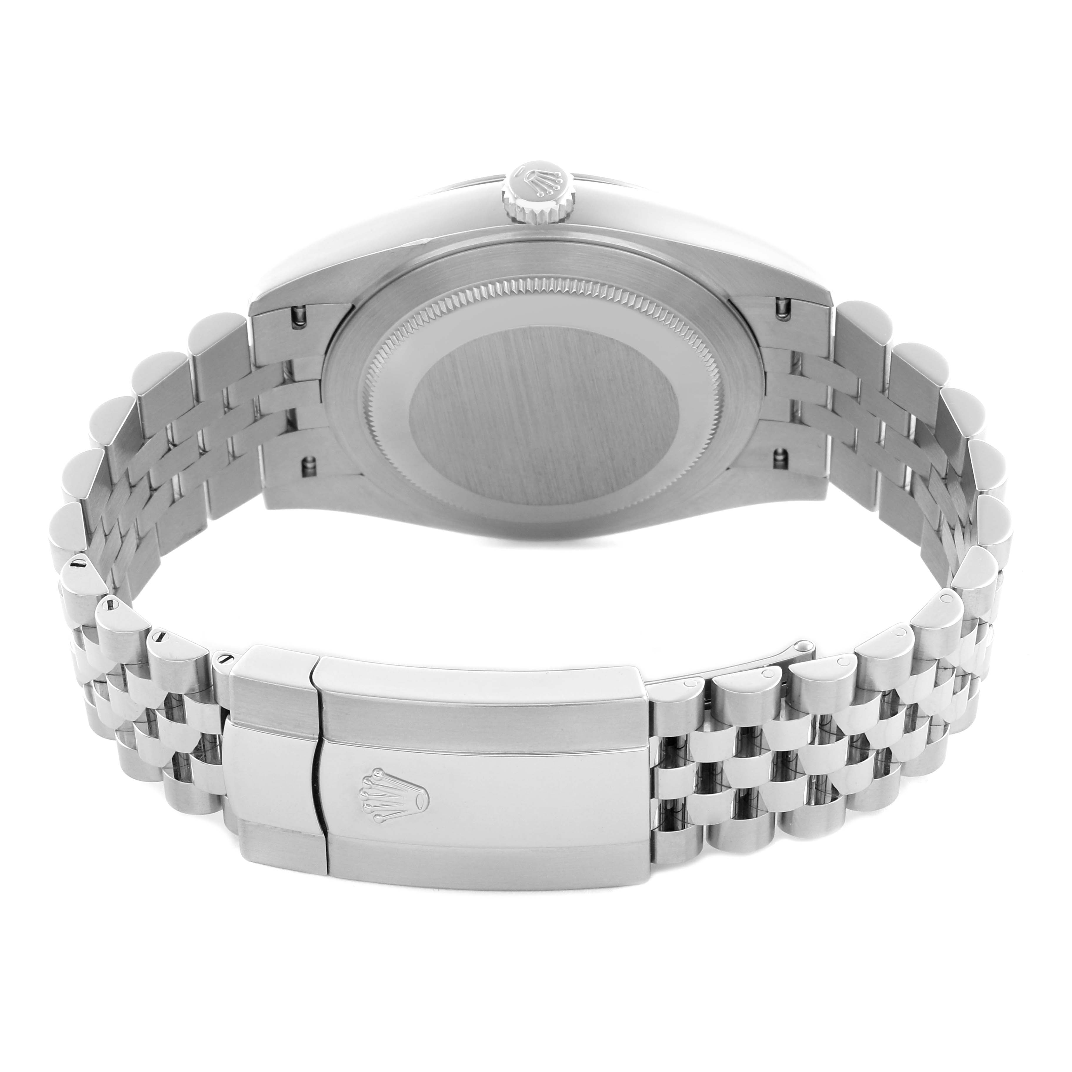 The image shows the back and bracelet of a Rolex Datejust 41 126300 Men's Stainless Steel Silver Dial 126300 Men's Stainless Steel Silver Dial, featuring its clasp and case back.