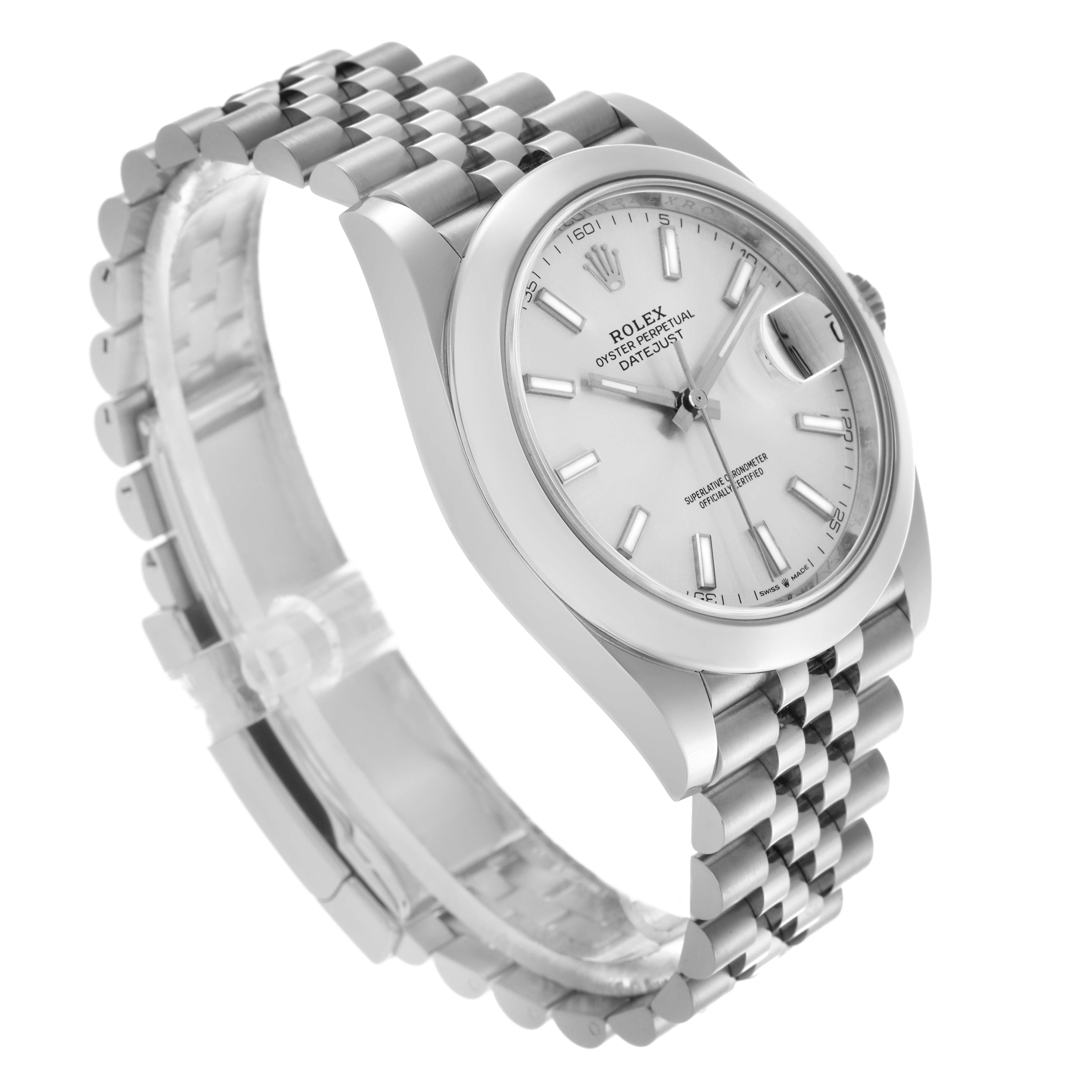 The image shows a Rolex Datejust 41 126300 Men's Stainless Steel Silver Dial 126300 Men's Stainless Steel Silver Dial at a three-quarter angle, highlighting the dial, bezel, and Jubilee bracelet.